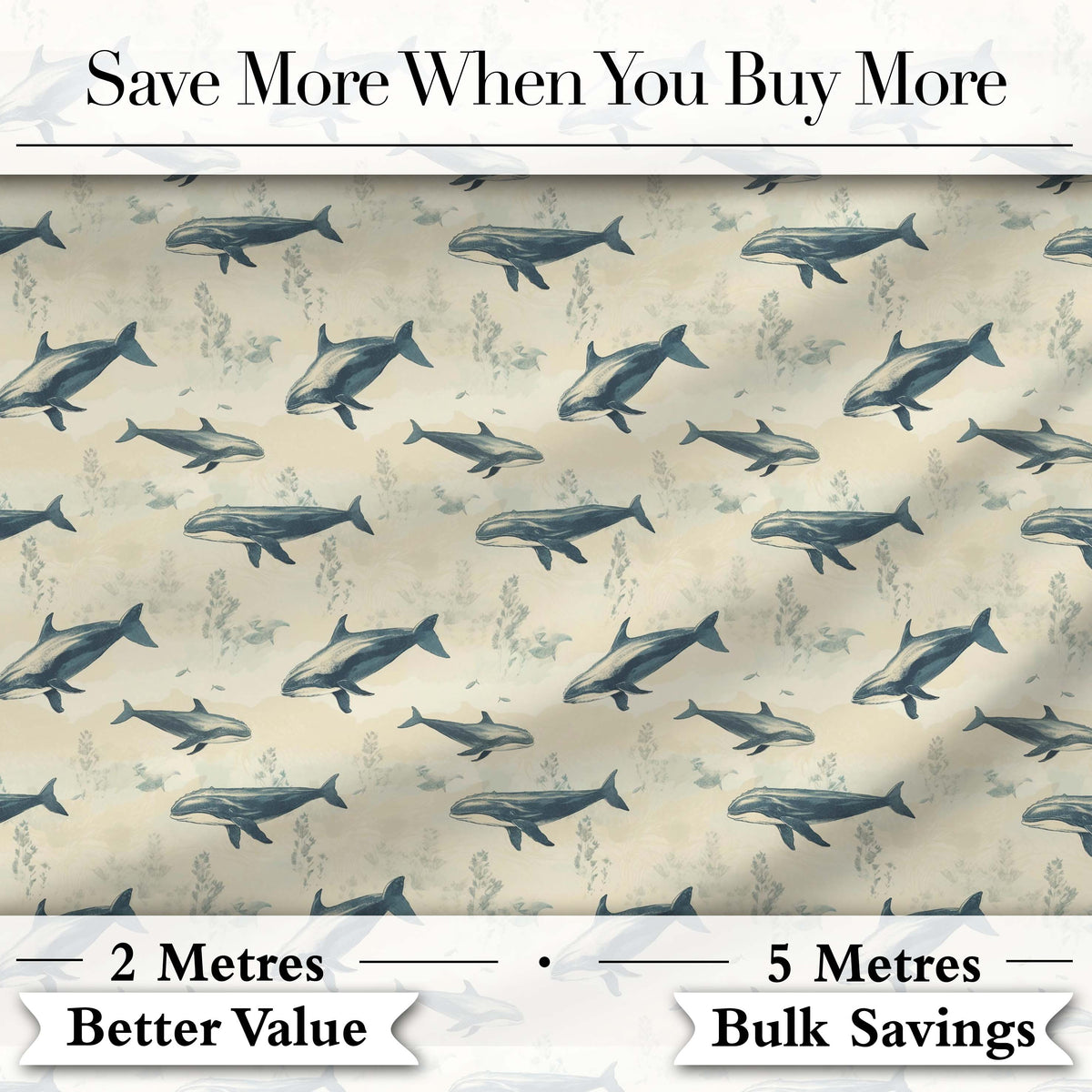 Ocean Whale Seamless Pattern Distressed Beige Marine Animal Design Digital Print Material by the Metre UK Sewing Quilting Textile