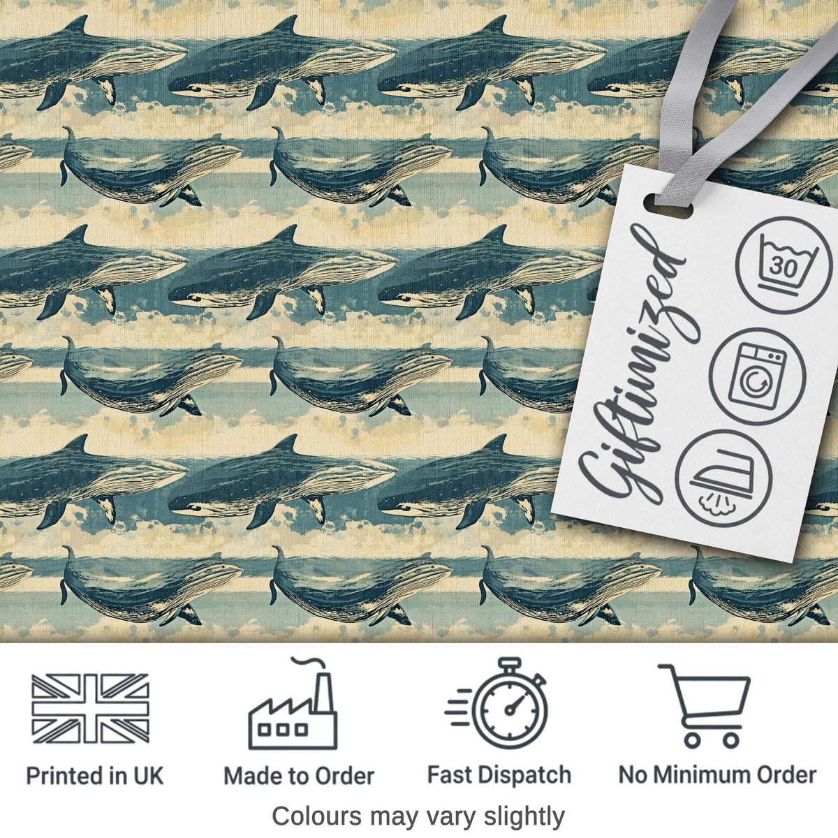 Dark Blue Whale Wave Seamless Pattern Underwater Ocean Design Lovely Digital Print Material by the Metre UK Sewing Quilting Textile