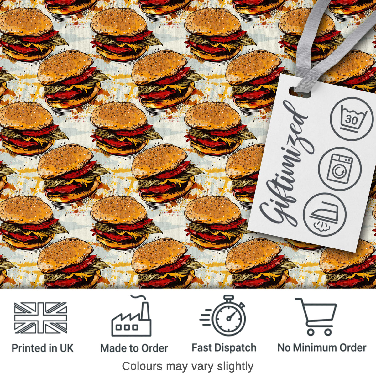 Realistic Burger Stack Seamless Pattern Fast Food Snack Design Digital Print Material by the Metre UK Sewing Quilting Textile