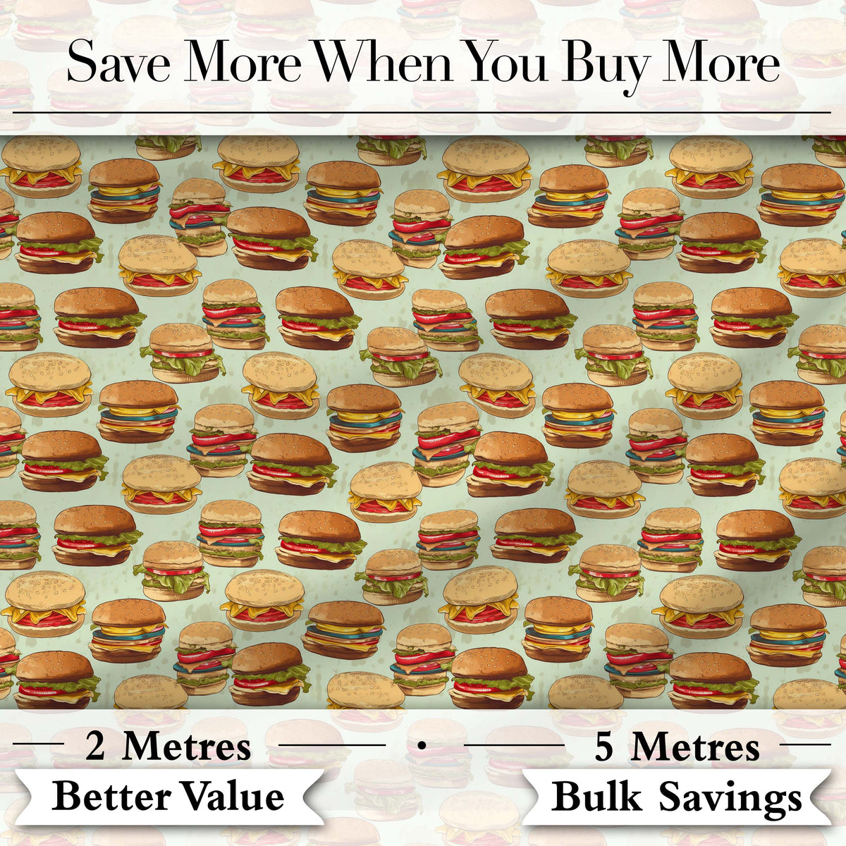 Cute Burger Seamless Pattern Mint Background Fast Food Design Lovely Digital Print Material by the Metre UK Sewing Quilting Textile