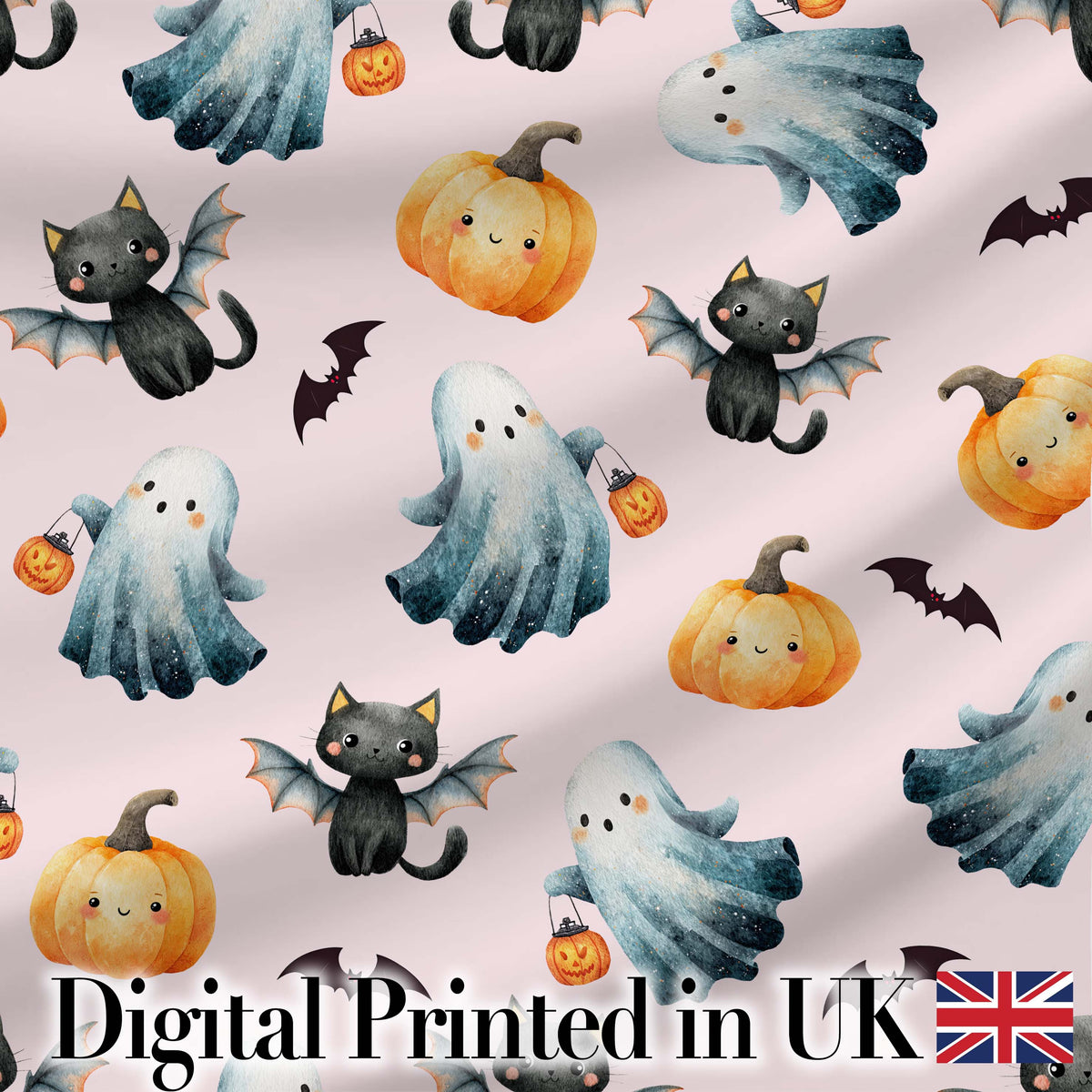 Halloween Ghost Pumpkin Cat Seamless Pattern Beige Cute Spooky Digital Print Material by the Metre UK Sewing Quilting Textile