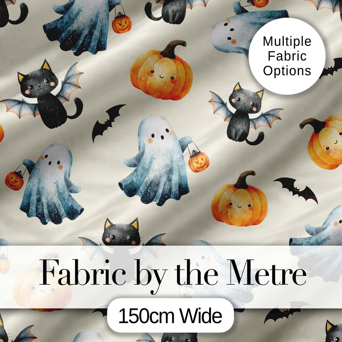 Halloween Ghost Pumpkin Cat Seamless Pattern Light Grey Cute Spooky Digital Print Material by the Metre UK Sewing Quilting Textile