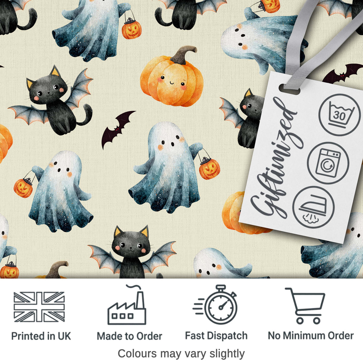 Halloween Ghost Pumpkin Cat Seamless Pattern Light Grey Cute Spooky Digital Print Material by the Metre UK Sewing Quilting Textile