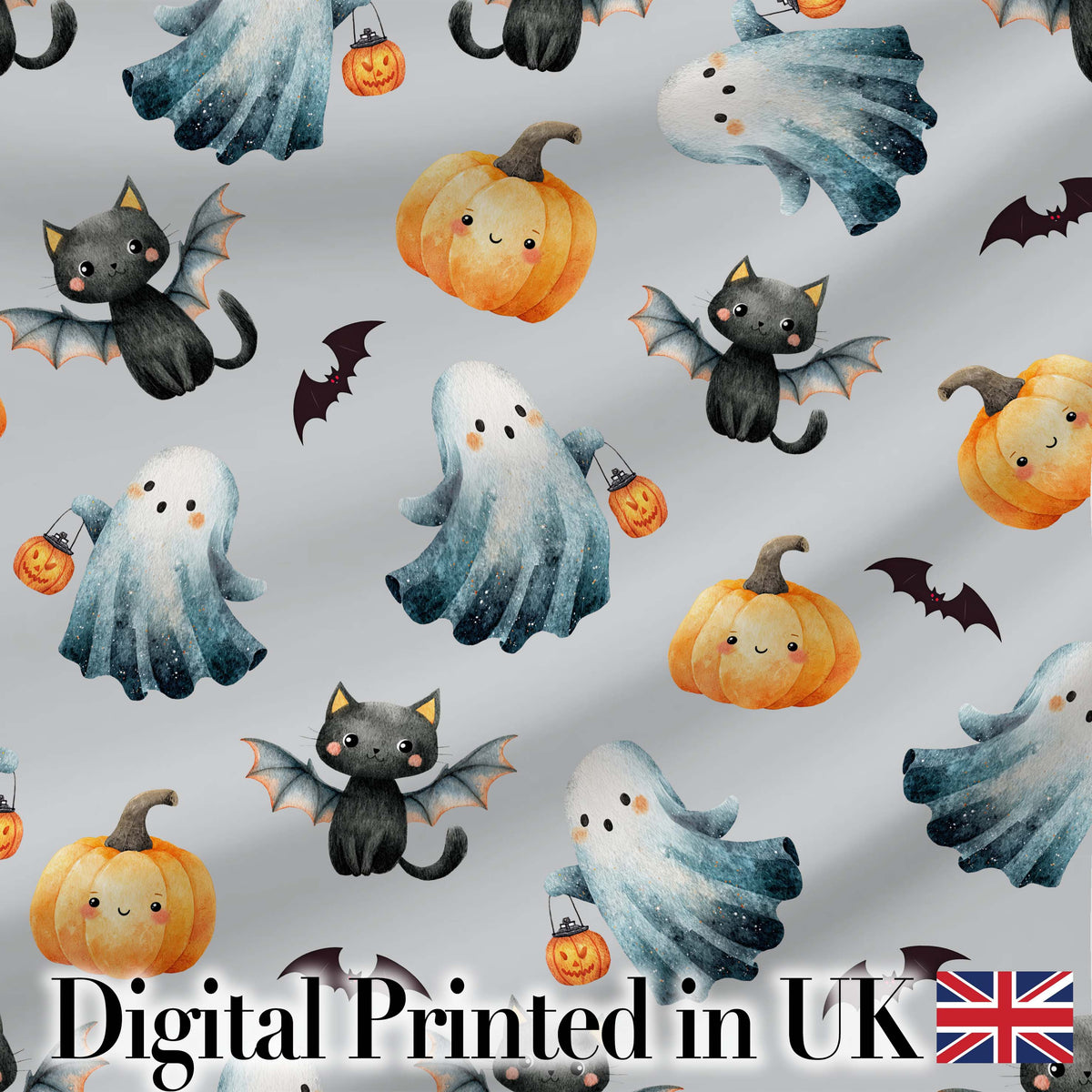Halloween Ghost Pumpkin Cat Seamless Pattern Taupe Cute Spooky Digital Print Material by the Metre UK Sewing Quilting Textile