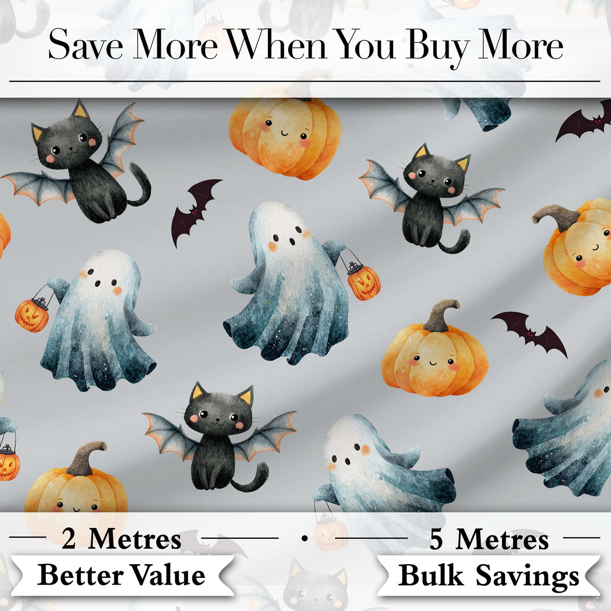 Halloween Ghost Pumpkin Cat Seamless Pattern Taupe Cute Spooky Digital Print Material by the Metre UK Sewing Quilting Textile