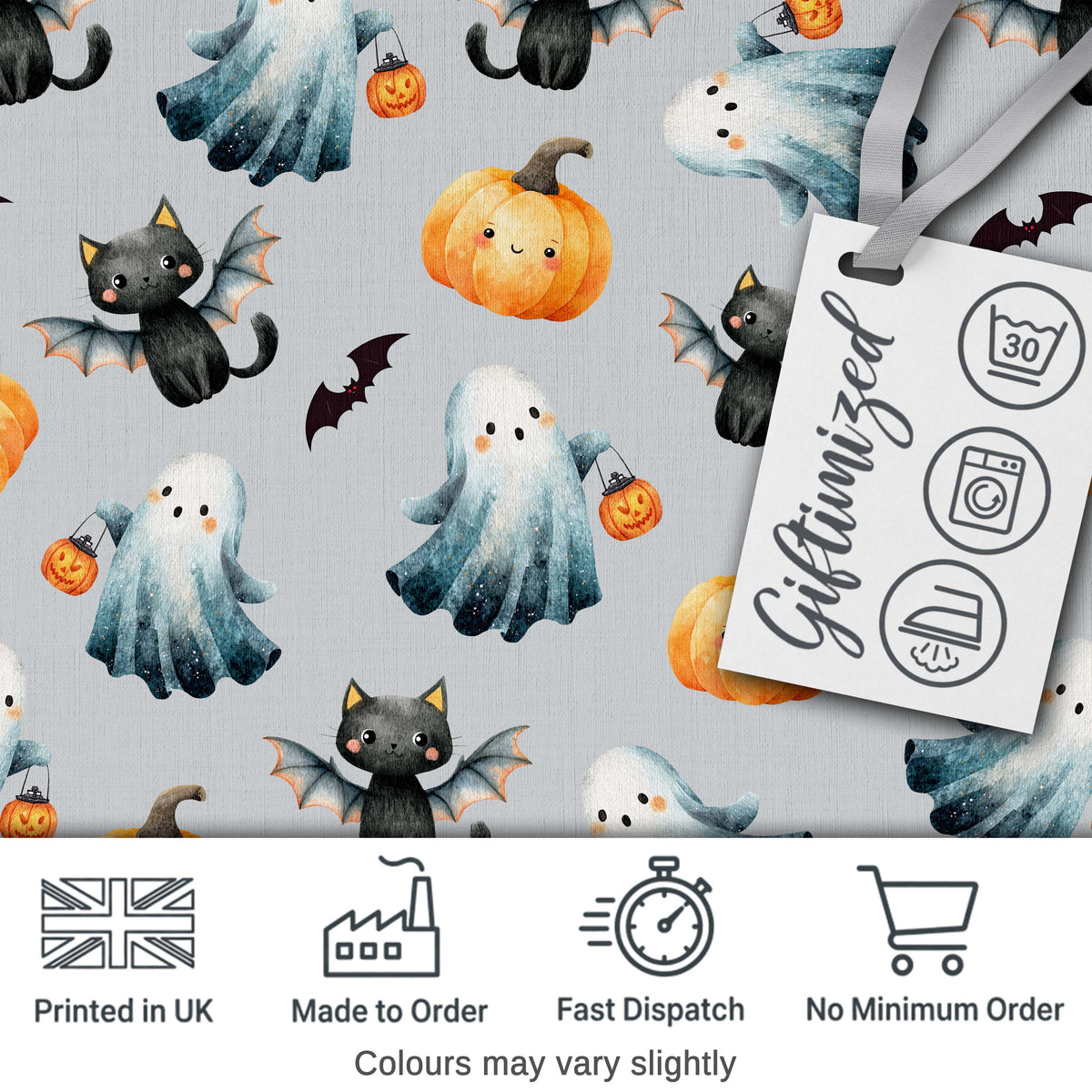 Halloween Ghost Pumpkin Cat Seamless Pattern Taupe Cute Spooky Digital Print Material by the Metre UK Sewing Quilting Textile