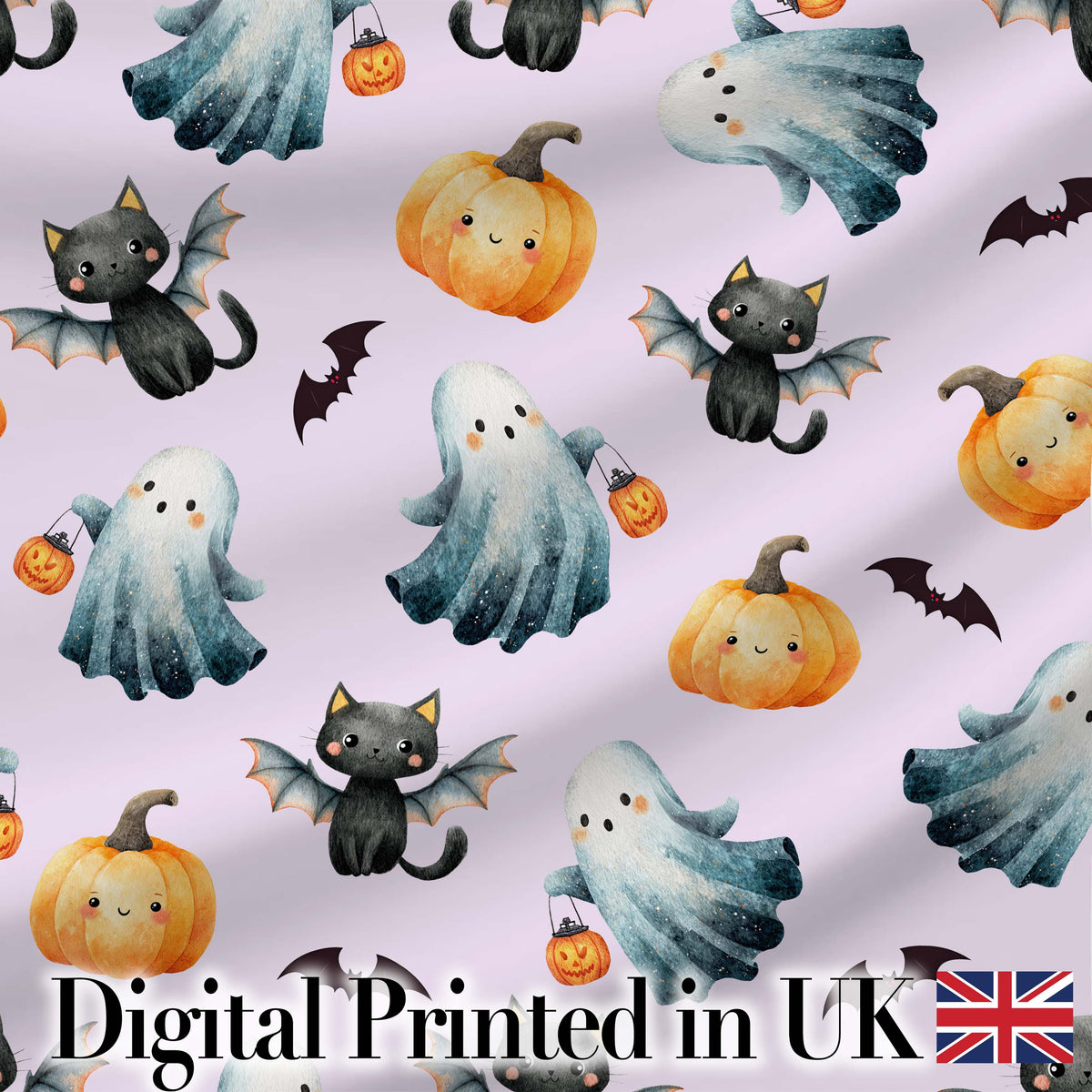 Halloween Ghost Pumpkin Cat Seamless Pattern Warm Beige Cute Spooky Digital Print Material by the Metre UK Sewing Quilting Textile