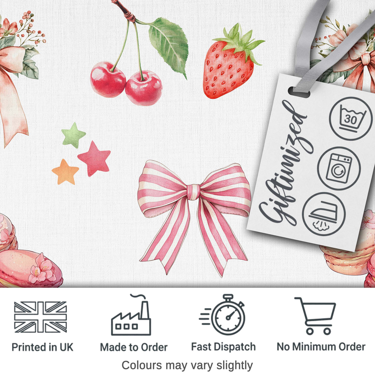 Strawberry Cherry Bow Seamless Pattern Coral Frame Cute Coquette Digital Print Material by the Metre UK Sewing Quilting Textile