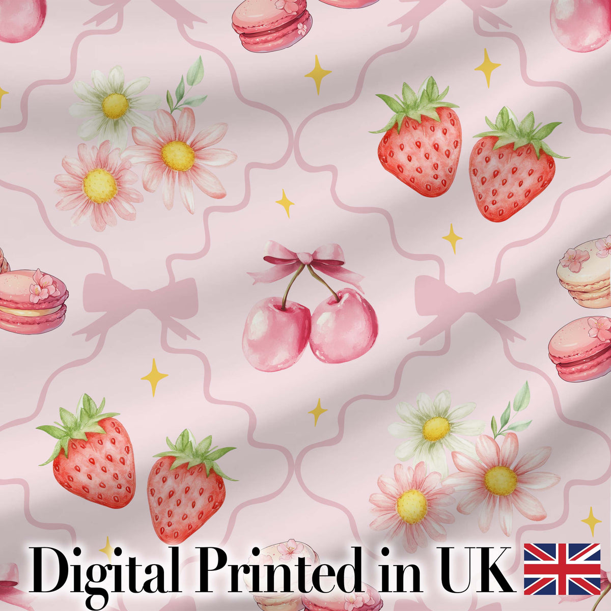 Strawberry Cherry Daisy Seamless Pattern Soft Pink Cute Coquette Digital Print Material by the Metre UK Sewing Quilting Textile
