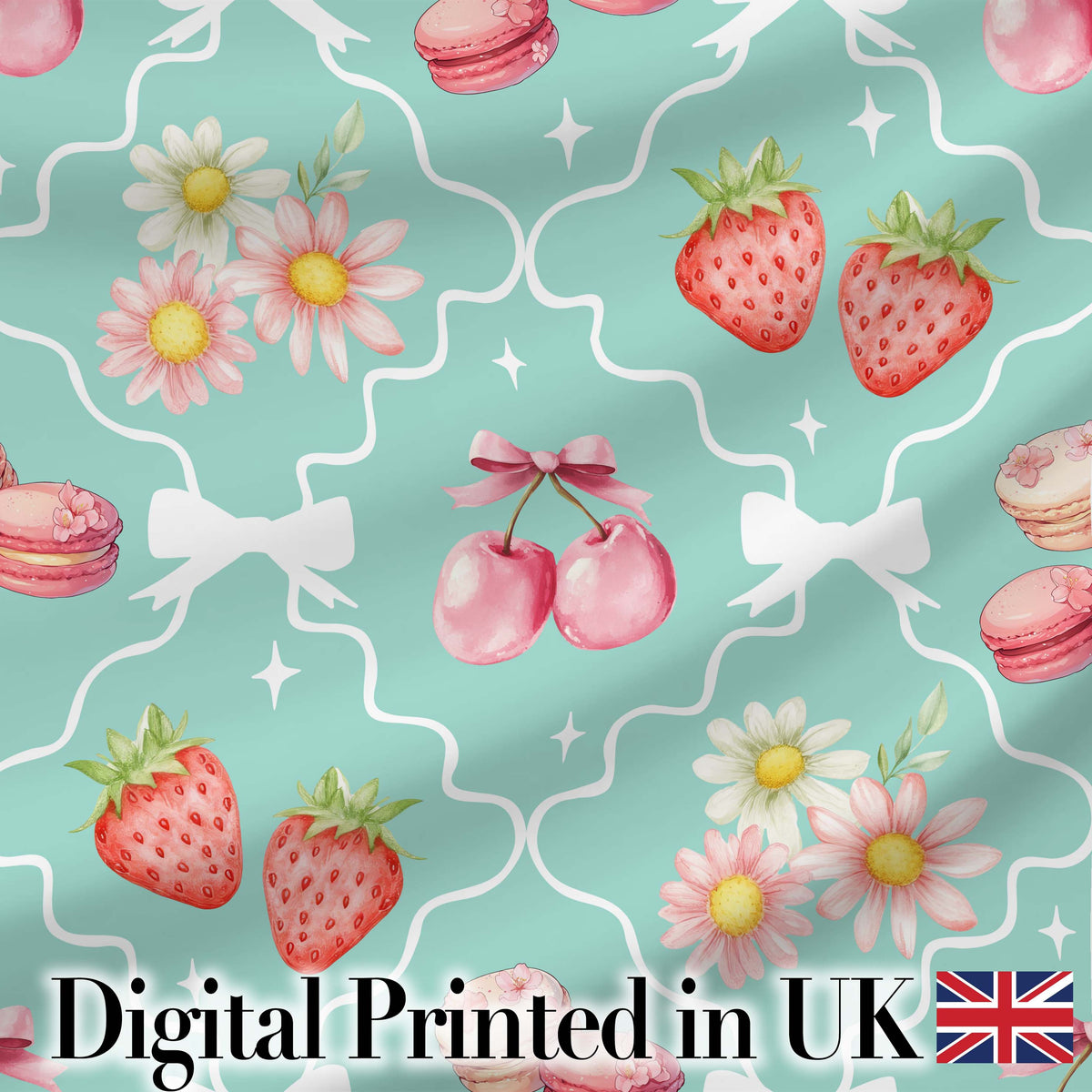 Strawberry Cherry Daisy Seamless Pattern Beige Cute Coquette Floral Digital Print Material by the Metre UK Sewing Quilting Textile