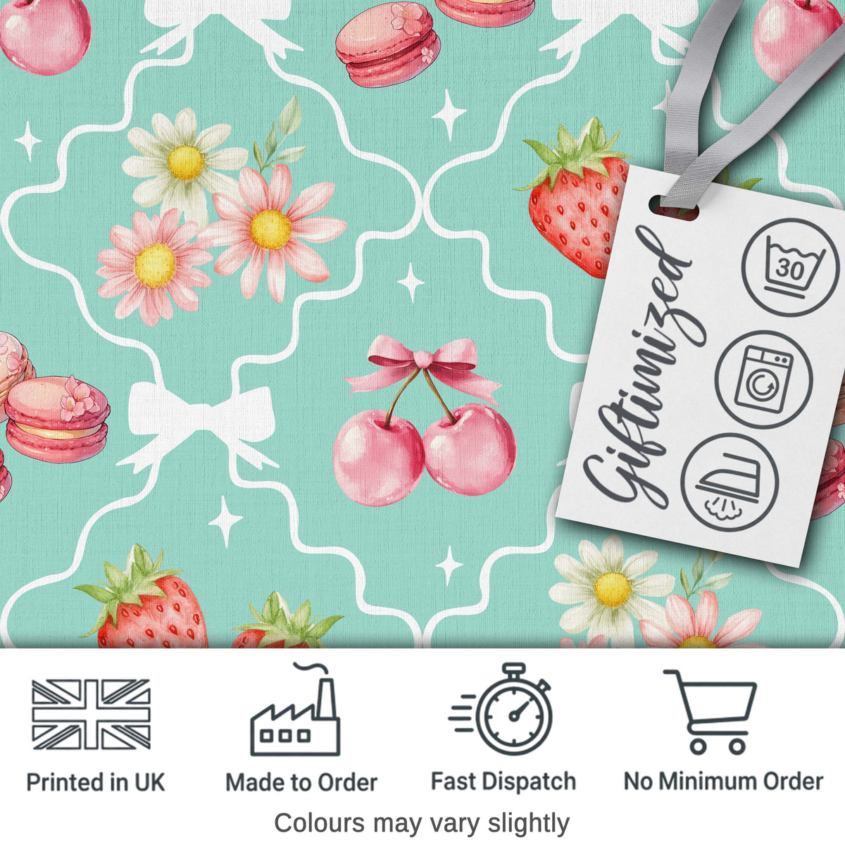Strawberry Cherry Daisy Seamless Pattern Beige Cute Coquette Floral Digital Print Material by the Metre UK Sewing Quilting Textile