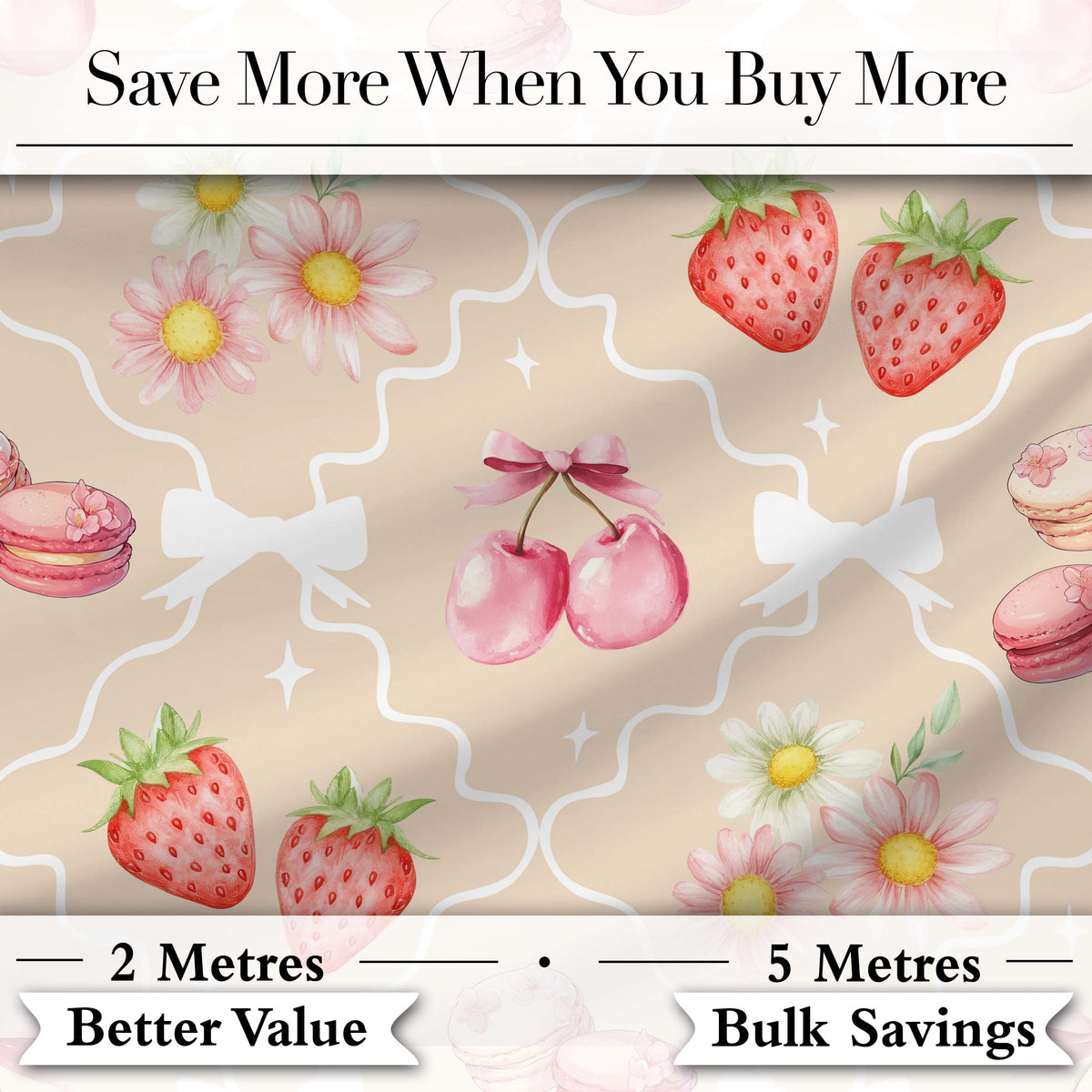 Strawberry Cherry Daisy Seamless Pattern Blue Cute Coquette Floral Digital Print Material by the Metre UK Sewing Quilting Textile