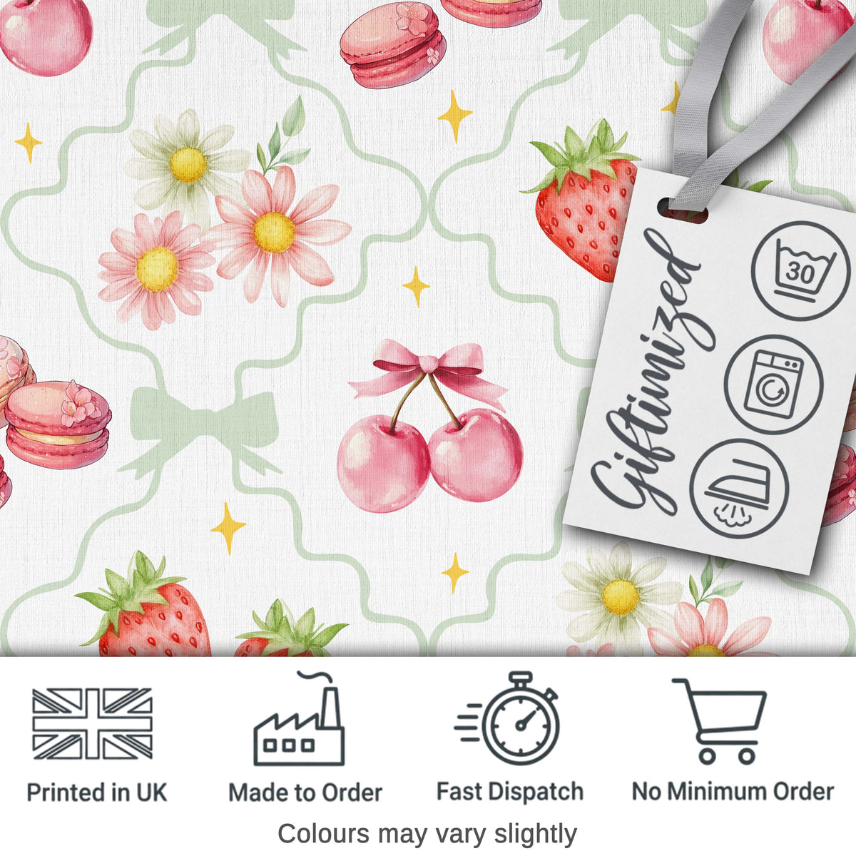 Strawberry Cherry Daisy White Red Outline Cute Coquette Floral Digital Print Material by the Metre UK Sewing Quilting Textile
