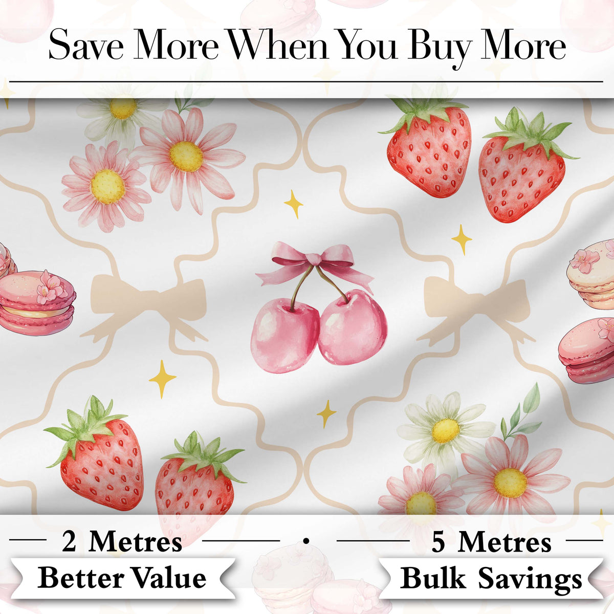 Strawberry Cherry Daisy White Yellow Outline Cute Coquette Floral Digital Print Material by the Metre UK Sewing Quilting Textile