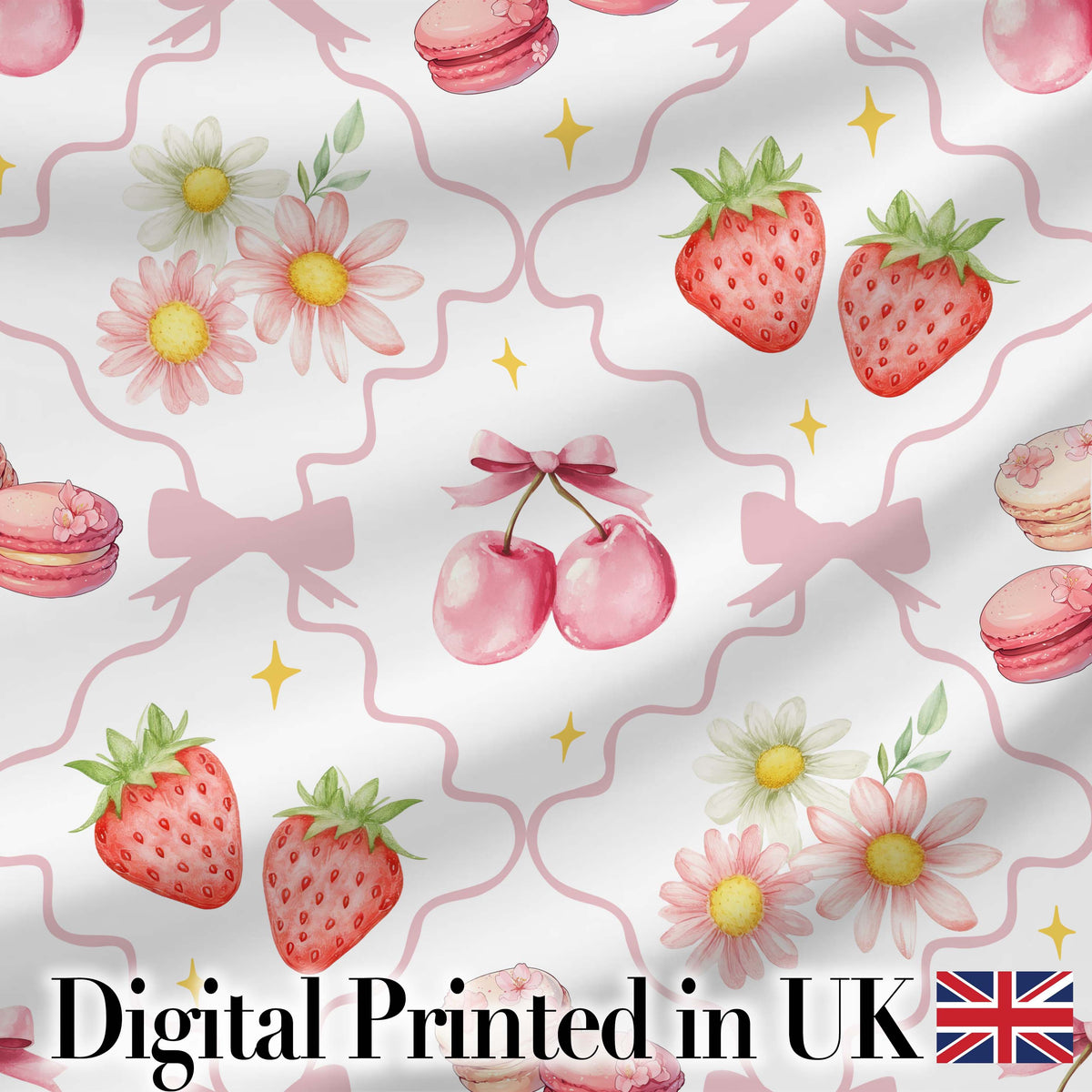 Strawberry Cherry Daisy White Minimal Cute Coquette Floral Design Digital Print Material by the Metre UK Sewing Quilting Textile