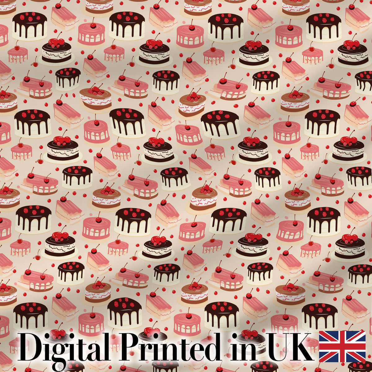 Pink Cherry Cake Seamless Pattern Cute Dessert Sweet Food Design Digital Print Material by the Metre UK Sewing Quilting Textile