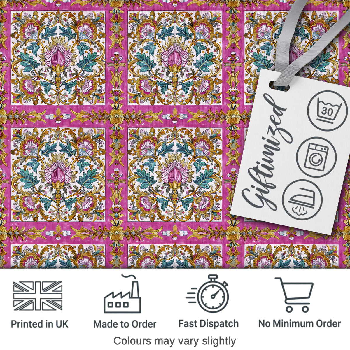 Pink Teal Vintage Ornamental Tile Floral Pattern Symmetrical Design Digital Print Material by the Metre UK Sewing Quilting Textile