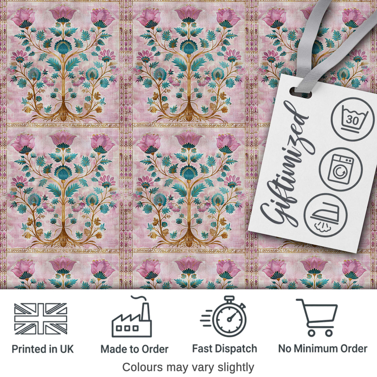 Teal Pink Vintage Floral Frame Pattern Distressed Ornamental Lovely Digital Print Material by the Metre UK Sewing Quilting Textile