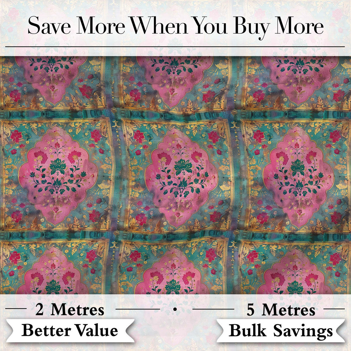 Teal Pink Daisy Floral Tile Pattern Vintage Ornamental Design Lovely Digital Print Material by the Metre UK Sewing Quilting Textile