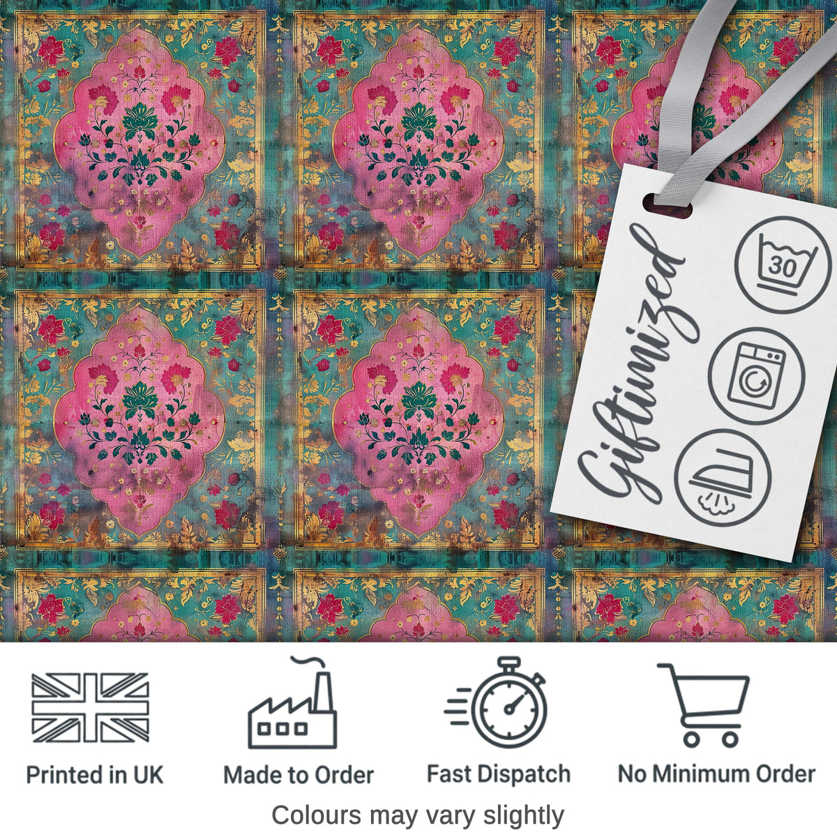 Teal Pink Daisy Floral Tile Pattern Vintage Ornamental Design Lovely Digital Print Material by the Metre UK Sewing Quilting Textile