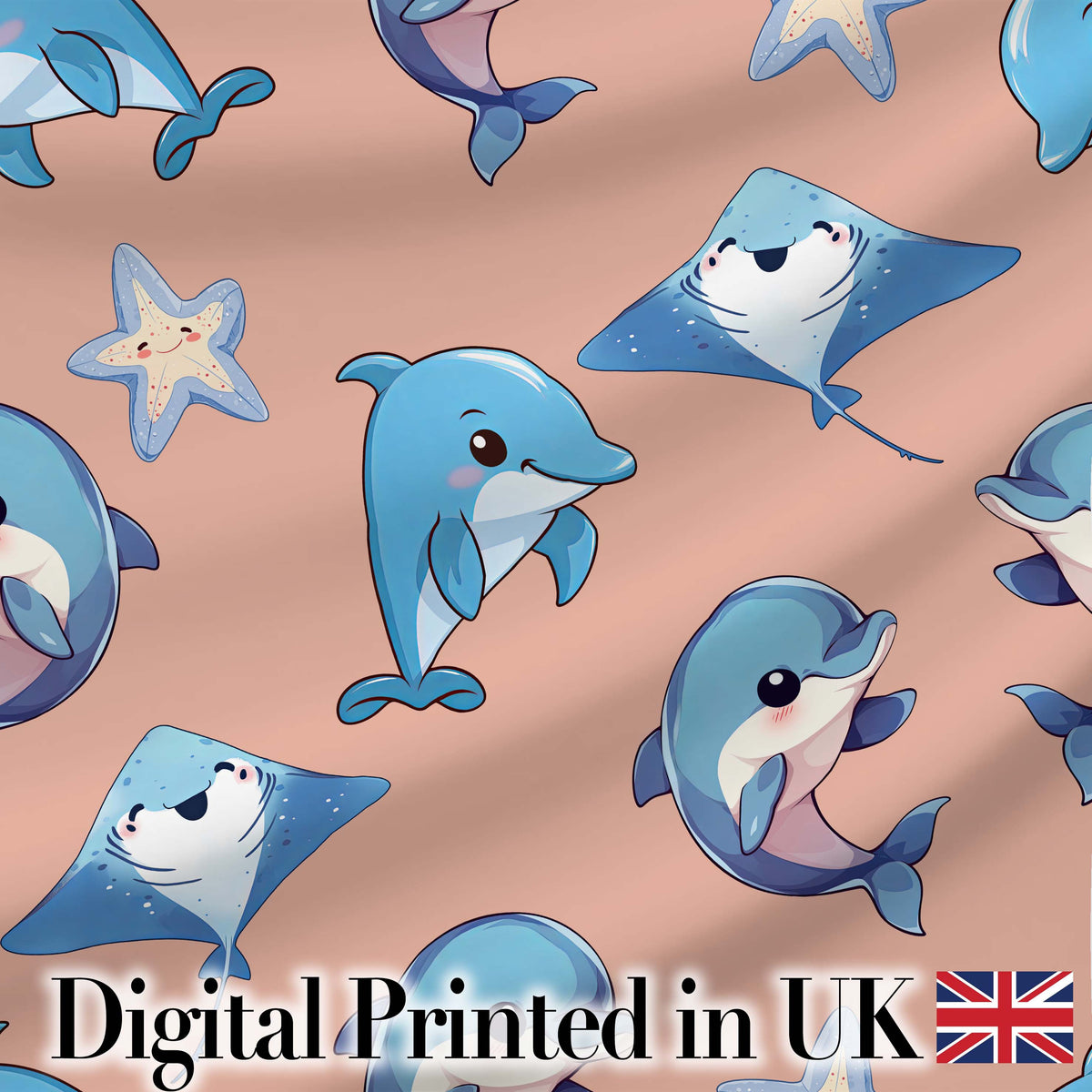 Cute Dolphin Stingray Starfish Cartoon Sea Life Pattern Navy Lovely Digital Print Material by the Metre UK Sewing Quilting Textile