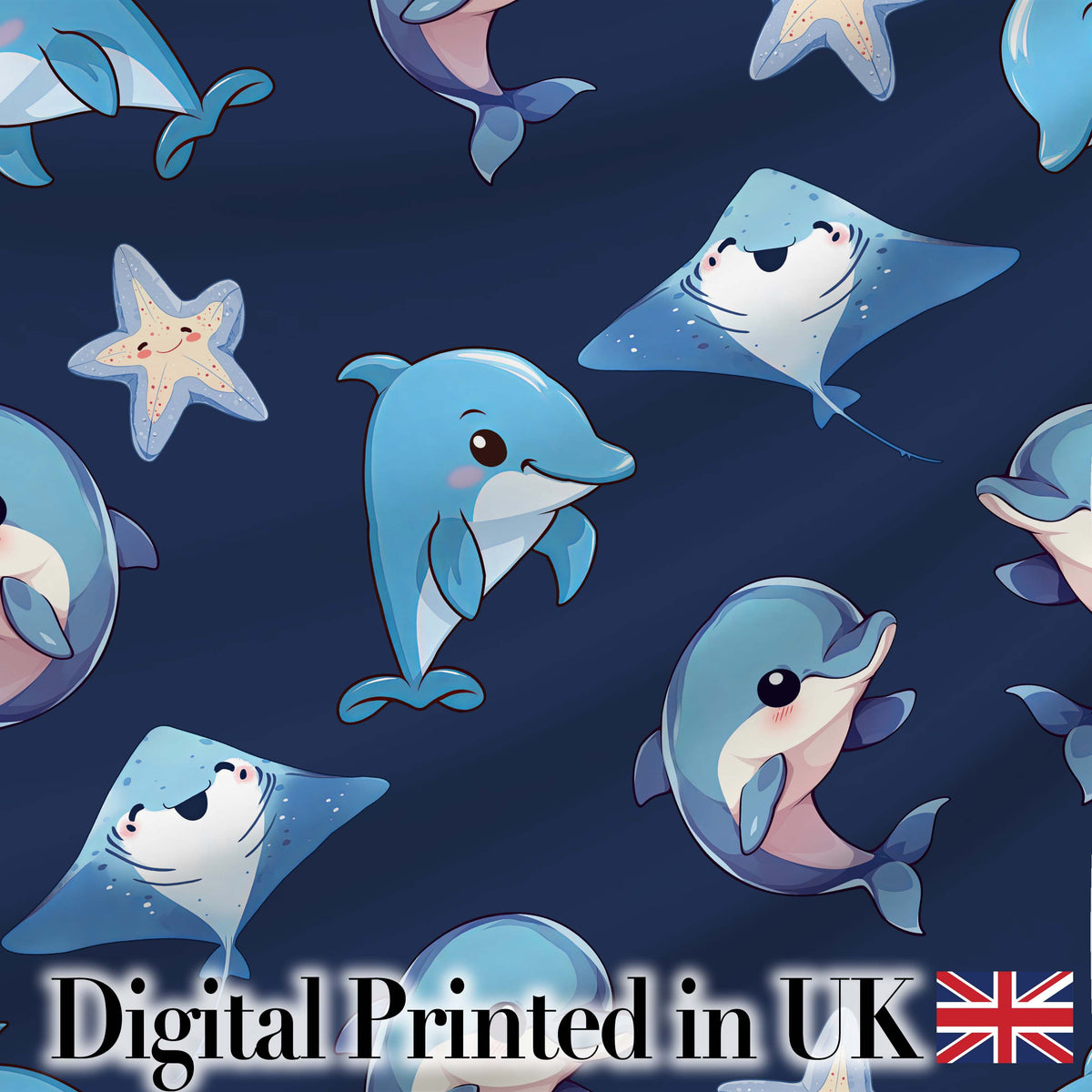 Cute Dolphin Stingray Starfish Cartoon Sea Life Pattern Mint Lovely Digital Print Material by the Metre UK Sewing Quilting Textile