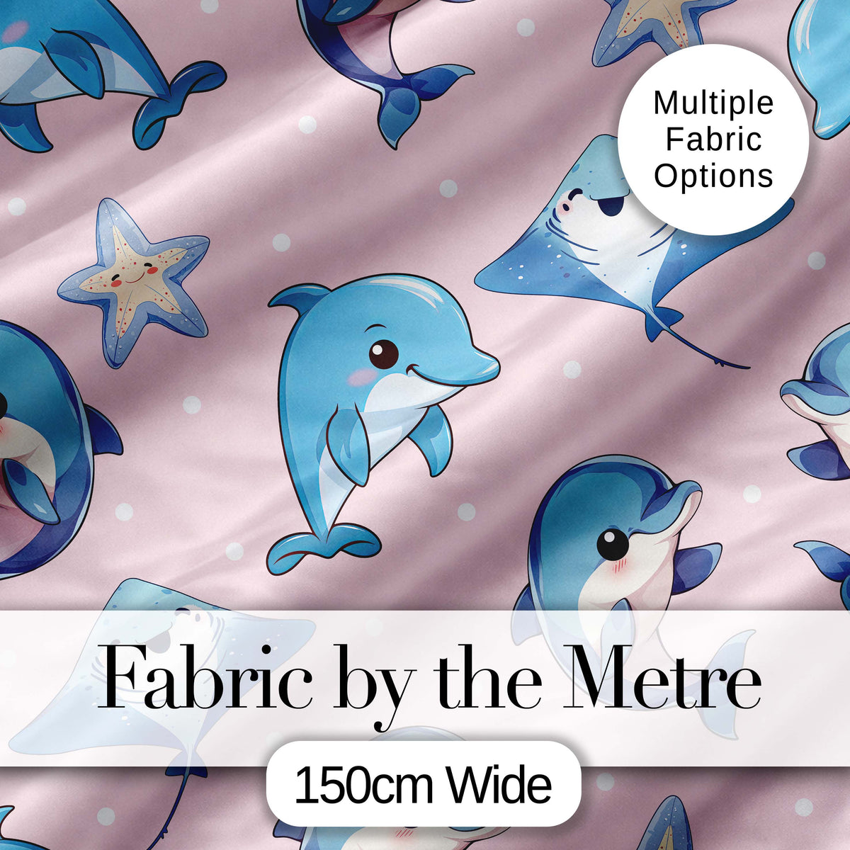 Cute Dolphin Stingray Starfish Ocean Sea Life Blue Purple Background Digital Print Material by the Metre UK Sewing Quilting Textile