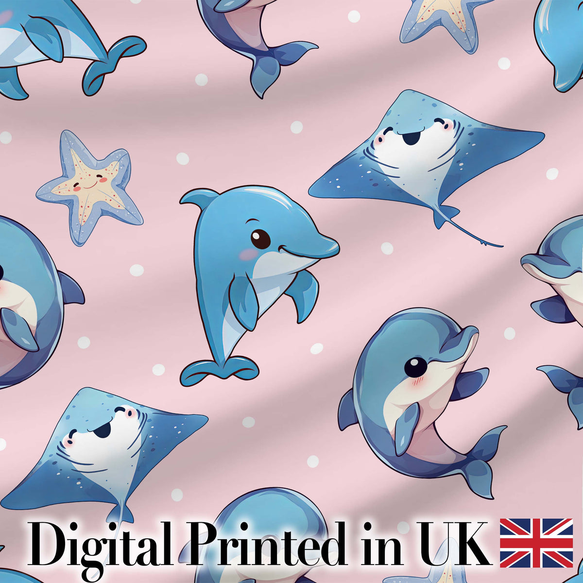 Cute Dolphin Stingray Starfish Ocean Sea Life Blue Purple Background Digital Print Material by the Metre UK Sewing Quilting Textile