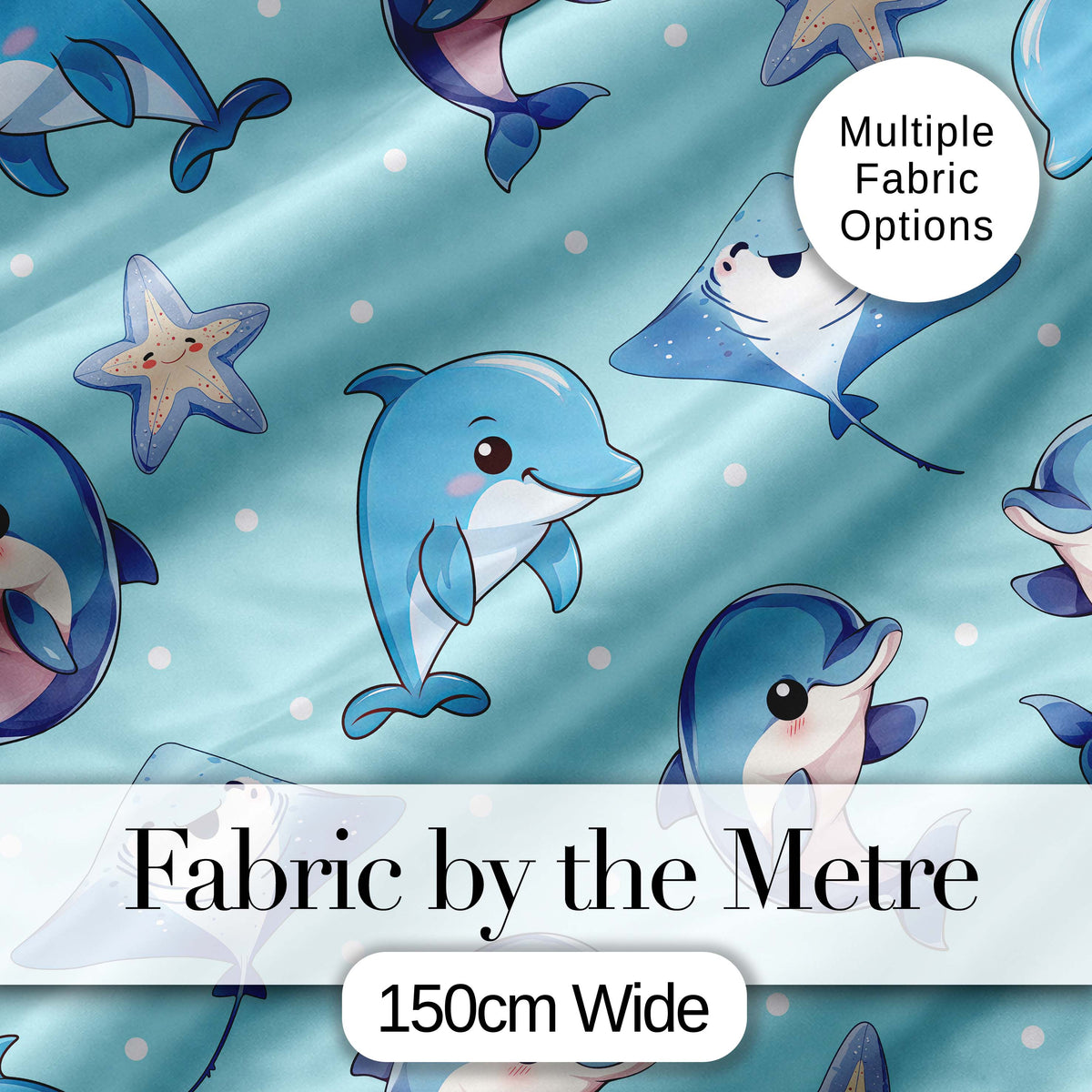 Cute Dolphin Stingray Starfish Ocean Sea Life Light Grey Background Digital Print Material by the Metre UK Sewing Quilting Textile