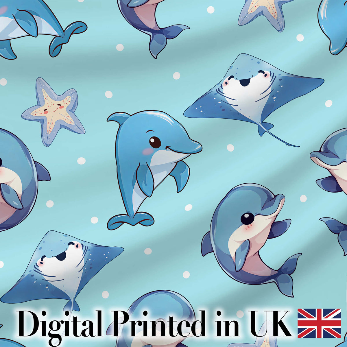 Cute Dolphin Stingray Starfish Ocean Sea Life Light Grey Background Digital Print Material by the Metre UK Sewing Quilting Textile