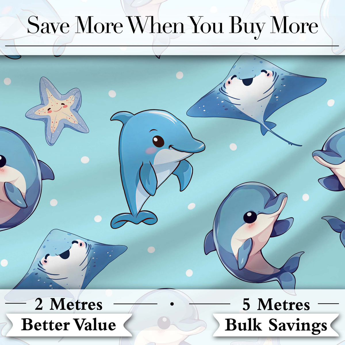 Cute Dolphin Stingray Starfish Ocean Sea Life Light Grey Background Digital Print Material by the Metre UK Sewing Quilting Textile