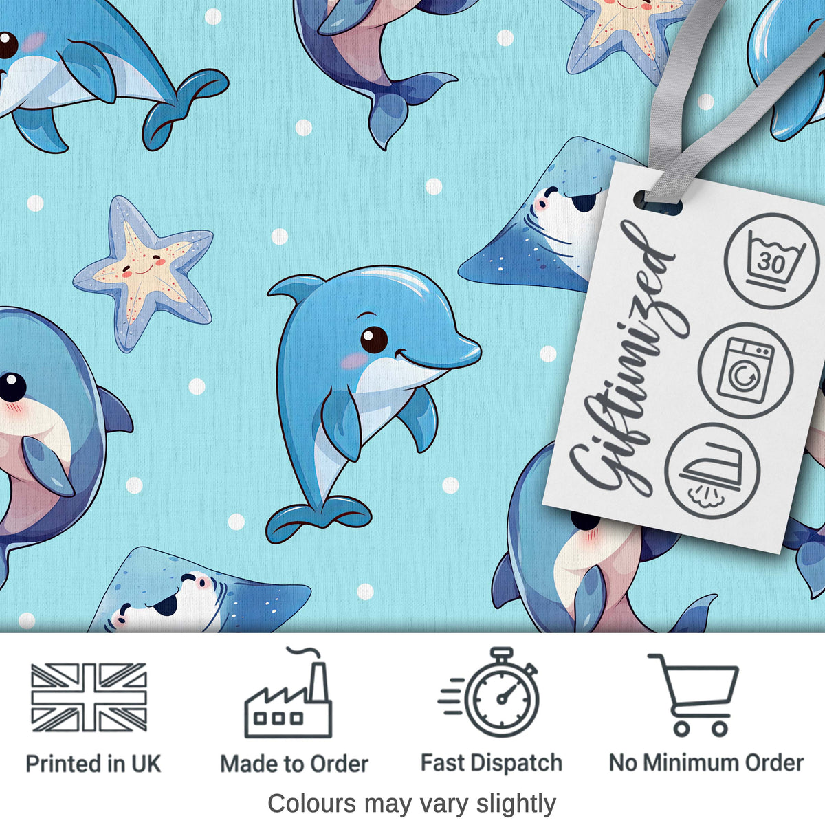 Cute Dolphin Stingray Starfish Ocean Sea Life Light Grey Background Digital Print Material by the Metre UK Sewing Quilting Textile