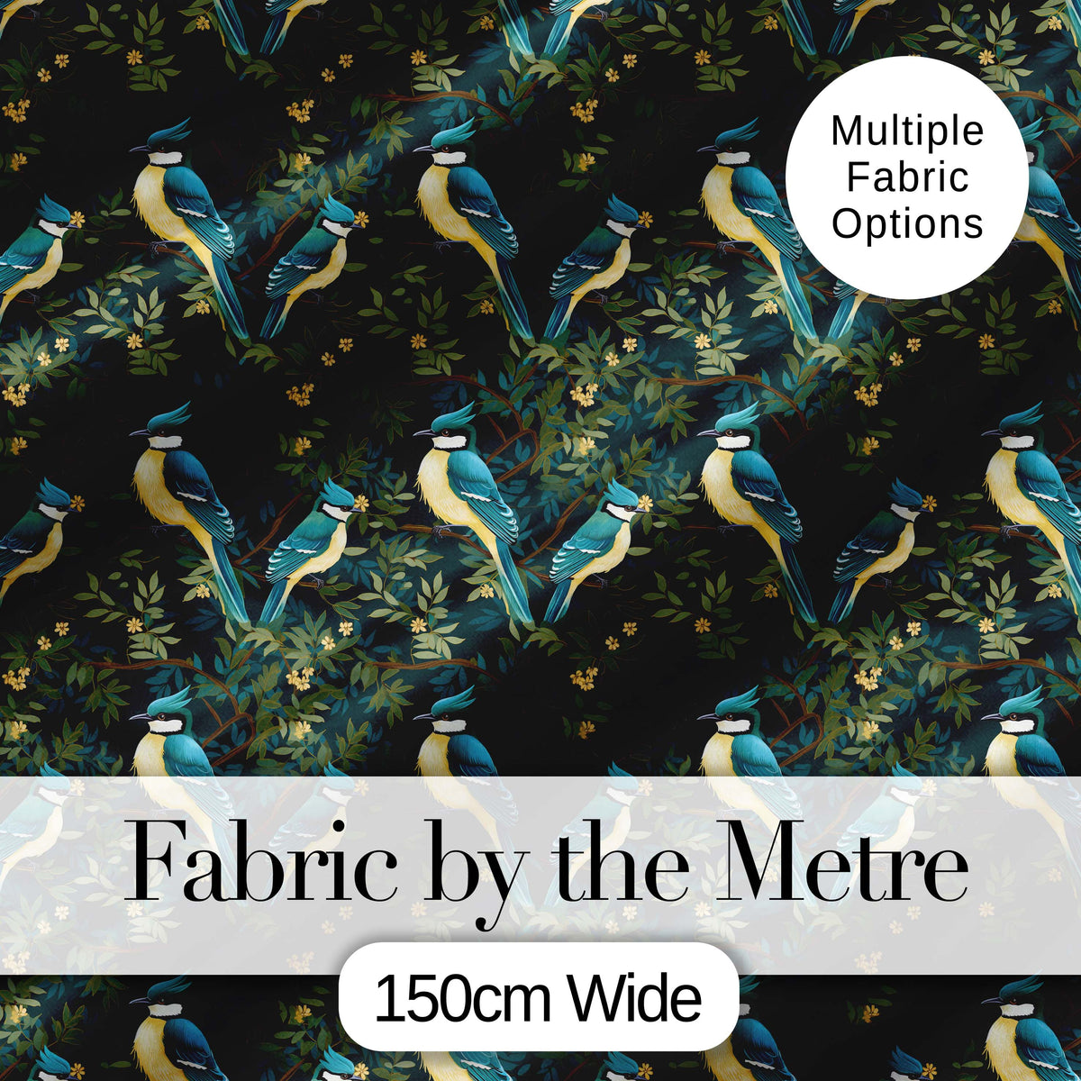 Vintage Blue Jay Bird Floral Toile Classic Botanical Nature Design Digital Print Material by the Metre UK Sewing Quilting Textile