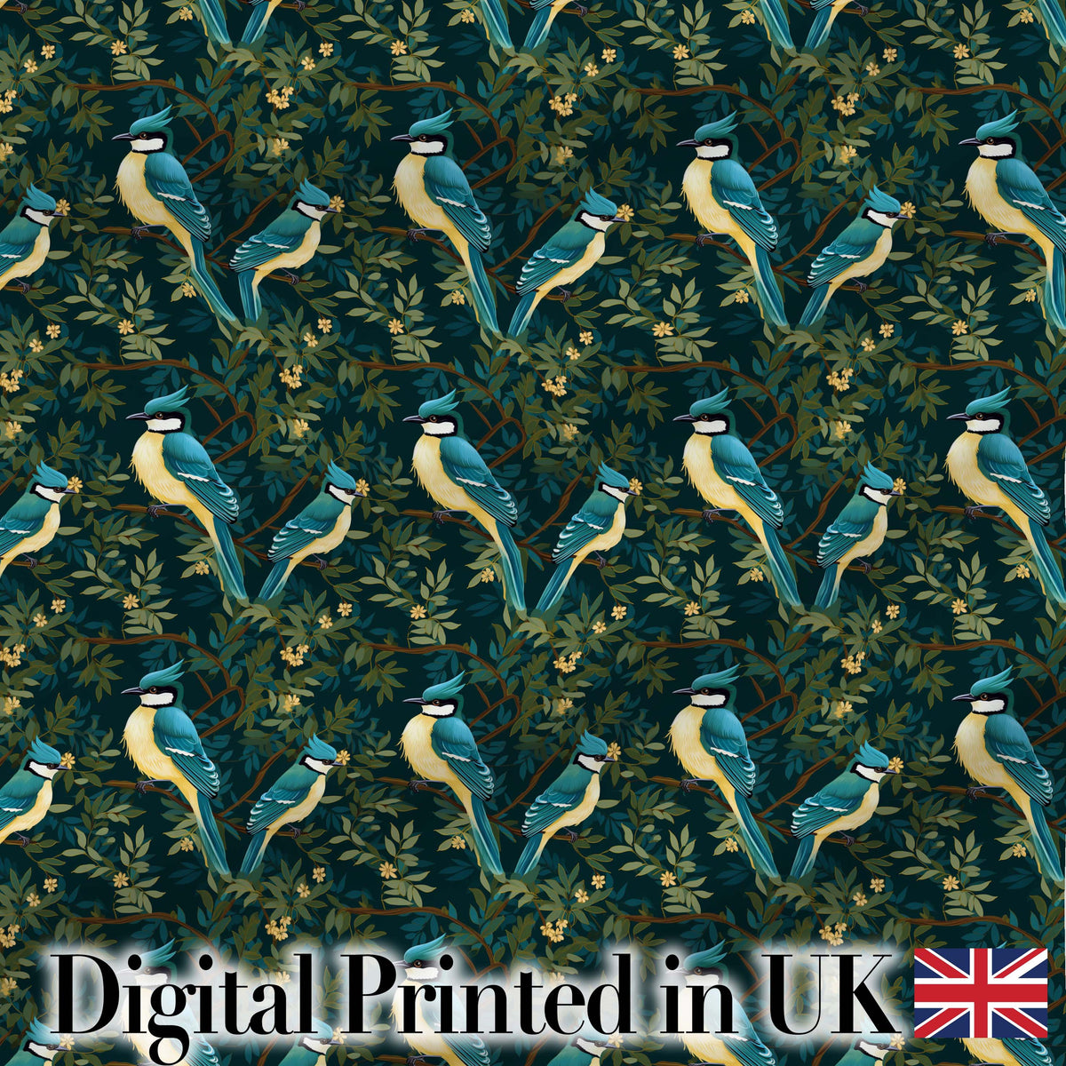 Vintage Blue Jay Bird Floral Toile Classic Botanical Nature Design Digital Print Material by the Metre UK Sewing Quilting Textile