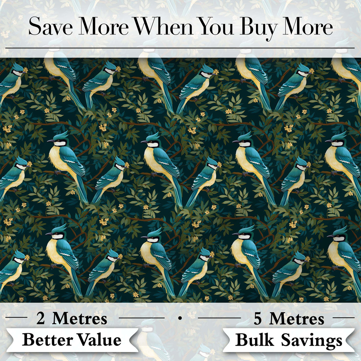 Vintage Blue Jay Bird Floral Toile Classic Botanical Nature Design Digital Print Material by the Metre UK Sewing Quilting Textile
