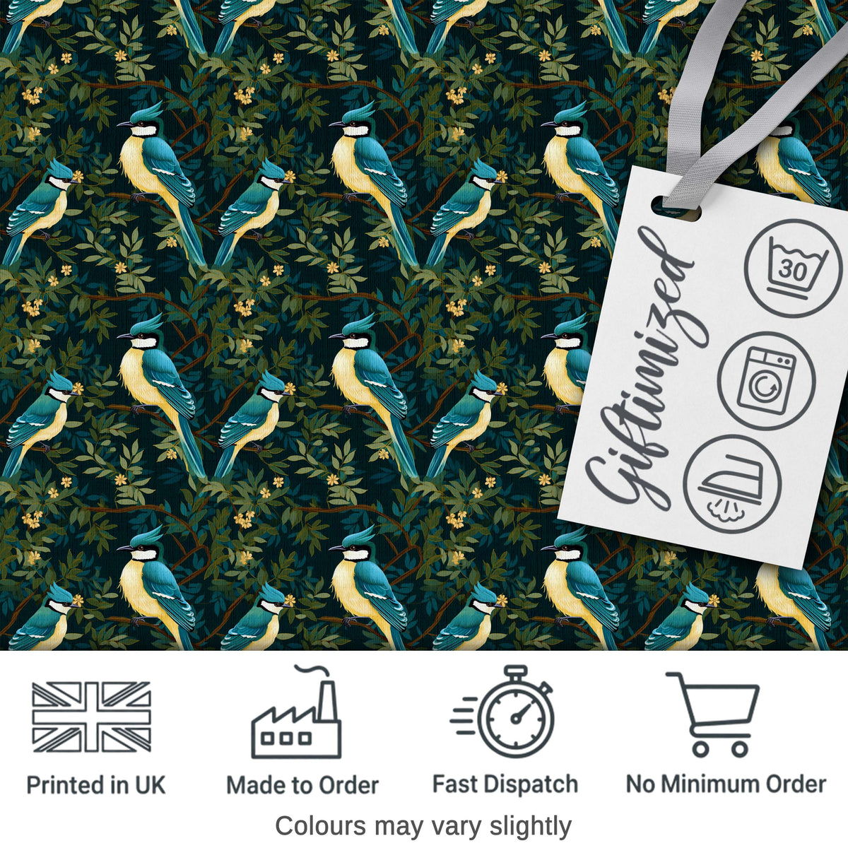 Vintage Blue Jay Bird Floral Toile Classic Botanical Nature Design Digital Print Material by the Metre UK Sewing Quilting Textile