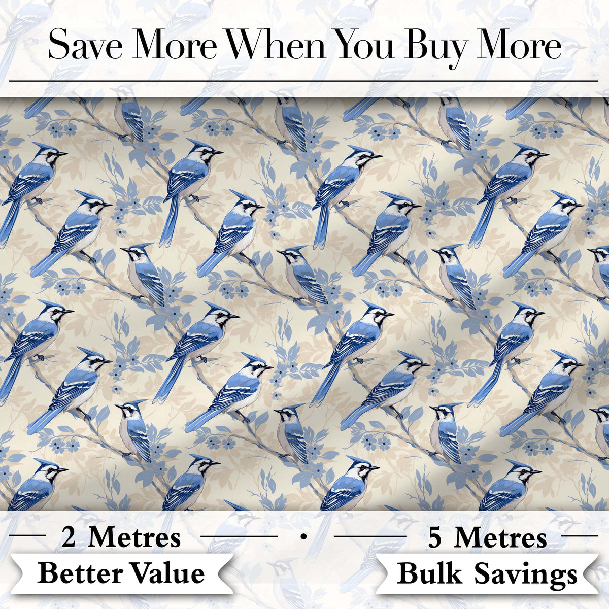 Blue Jay Bird Green Leaf Branch Natural Woodland Botanical Design Digital Print Material by the Metre UK Sewing Quilting Textile