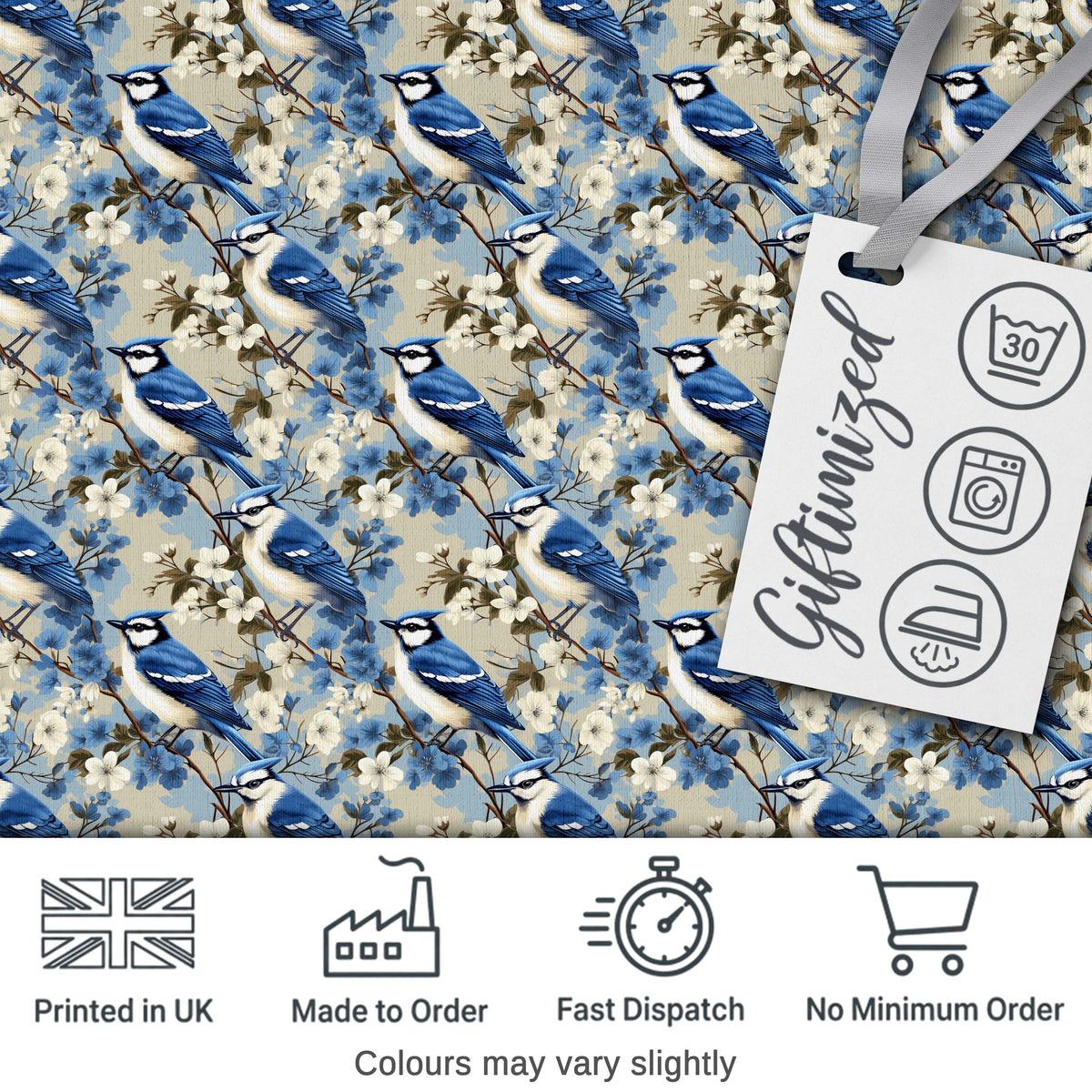 Blue Jay Bird Floral Garden Detailed Botanical Illustration Design Digital Print Material by the Metre UK Sewing Quilting Textile