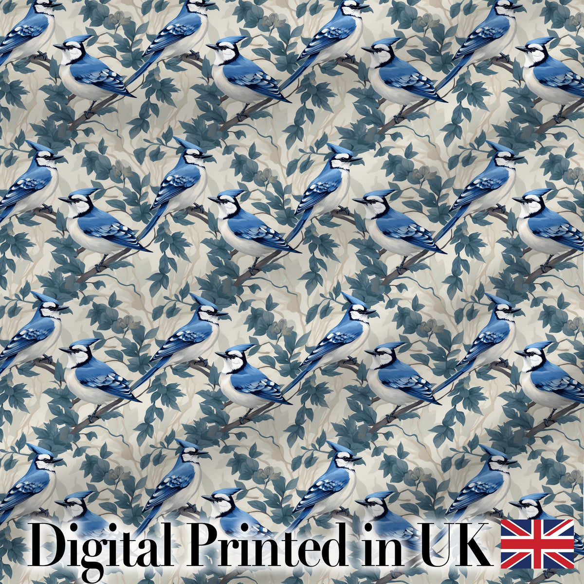 Blue Jay Bird Delicate Floral Seamless Soft Blue Botanical Nature Digital Print Material by the Metre UK Sewing Quilting Textile