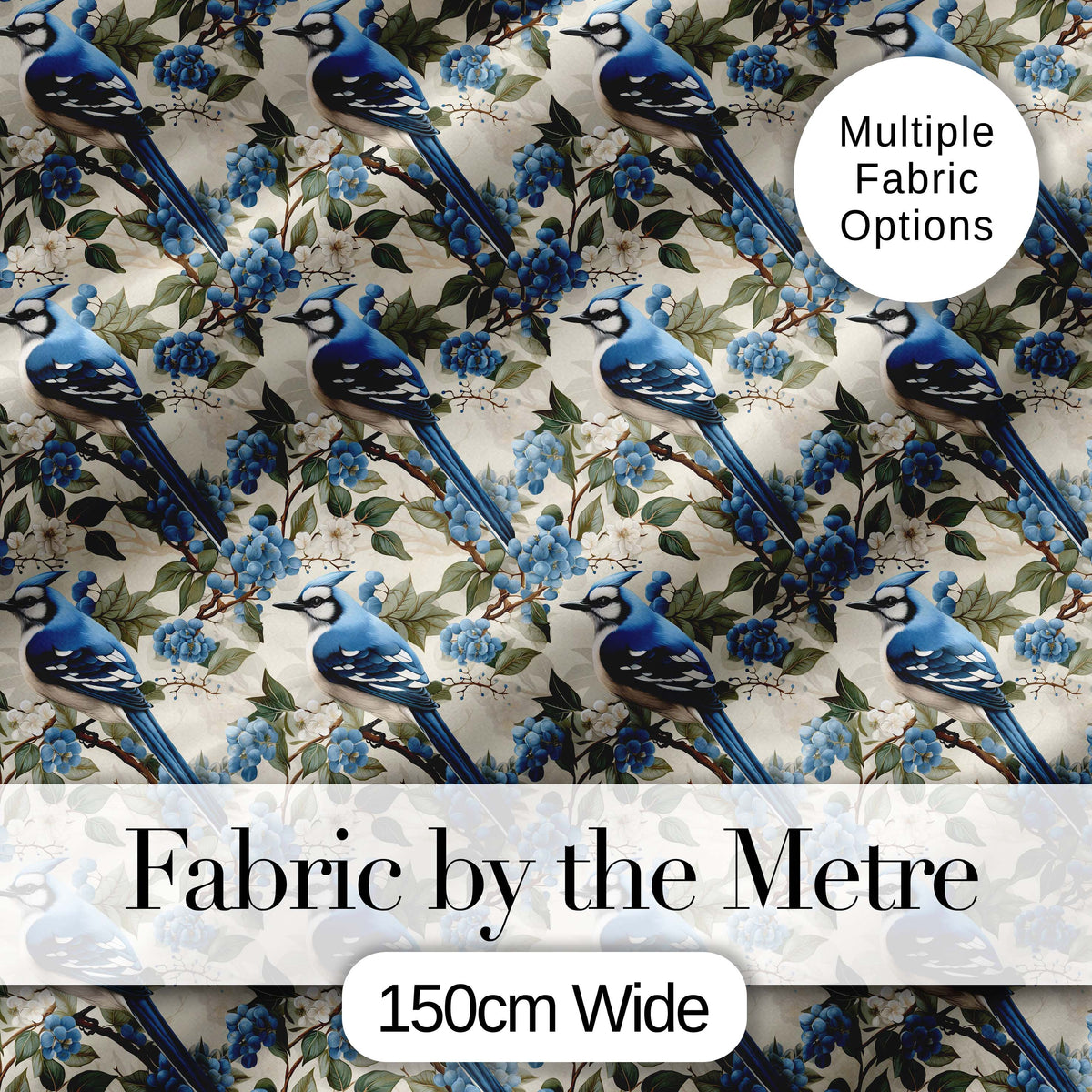 Blue Jay Bird Minimal Branch Blossom Seamless Soft Grey Botanical Digital Print Material by the Metre UK Sewing Quilting Textile
