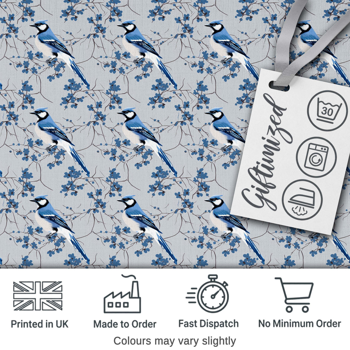 Blue Jay Bird Dark Botanical Leaves Berry Seamless Pattern Lovely Digital Print Material by the Metre UK Sewing Quilting Textile