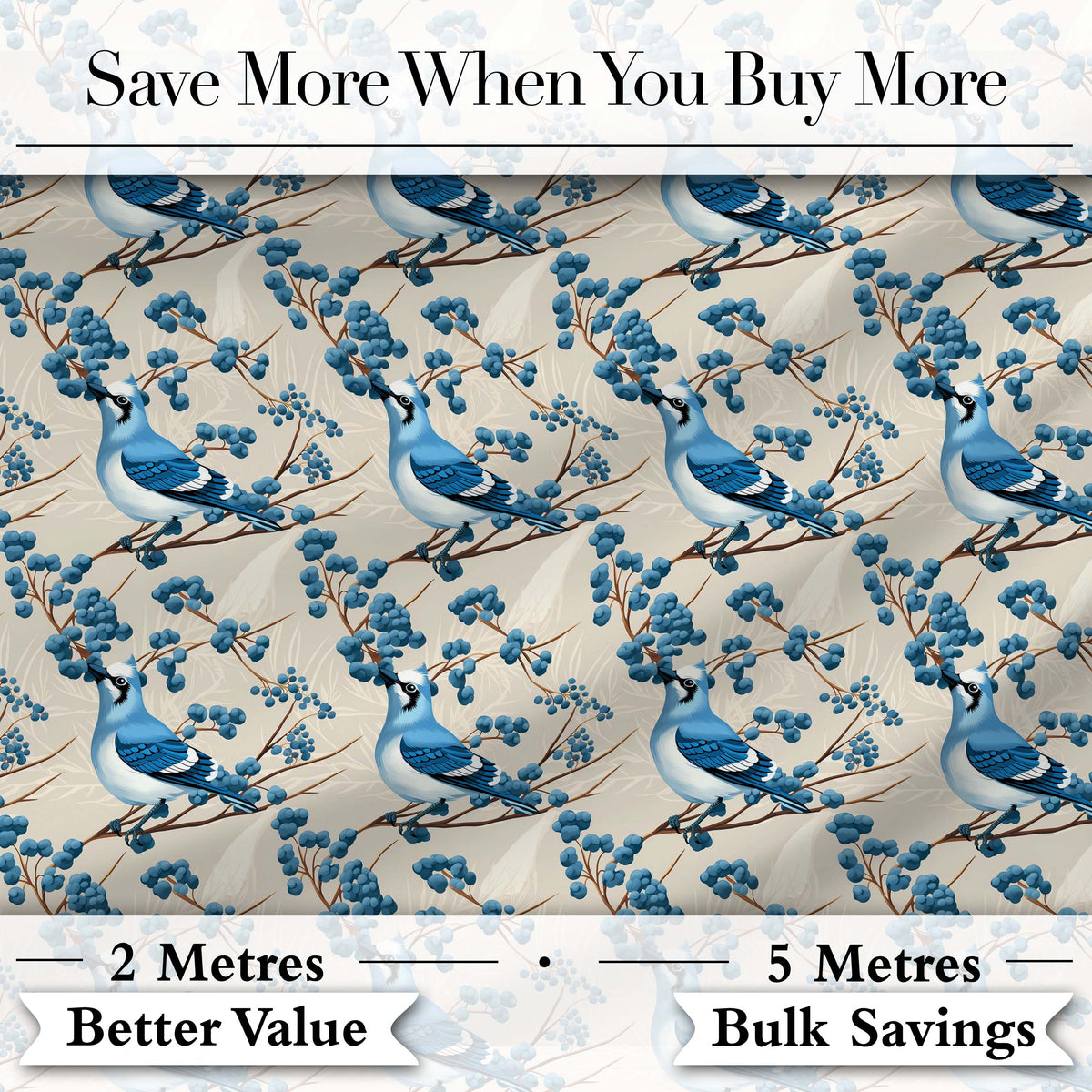Blue Bird Floral Branch Silhouette Blue Tone Seamless Pattern Lovely Digital Print Material by the Metre UK Sewing Quilting Textile