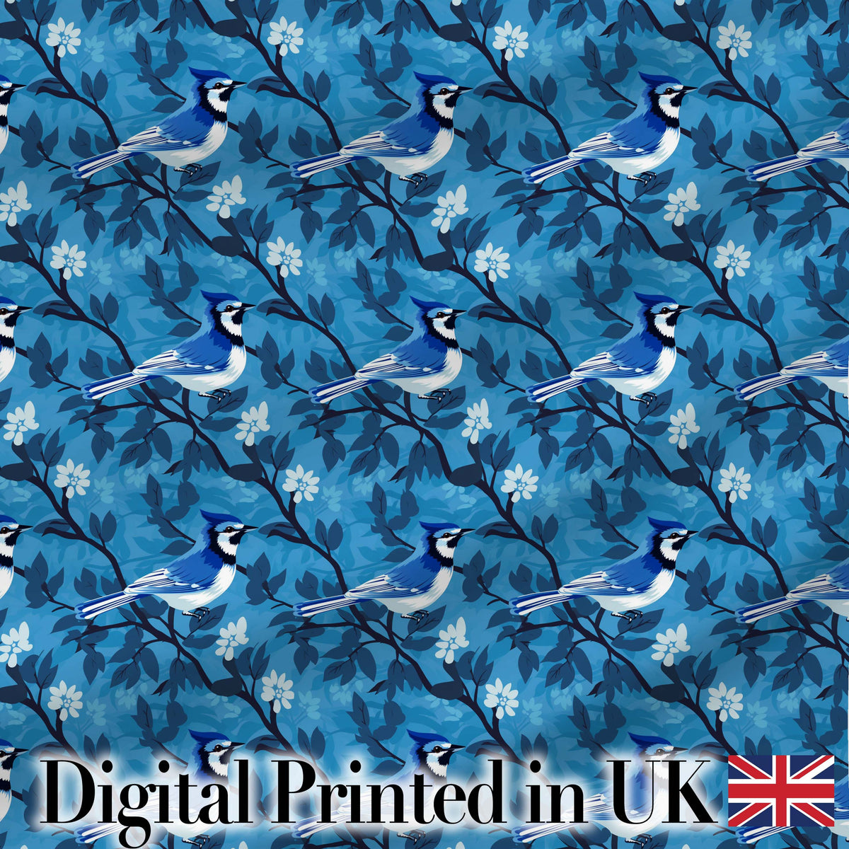 Teal Bird Gold Branch White Berry Elegant Seamless Pattern Lovely Digital Print Material by the Metre UK Sewing Quilting Textile