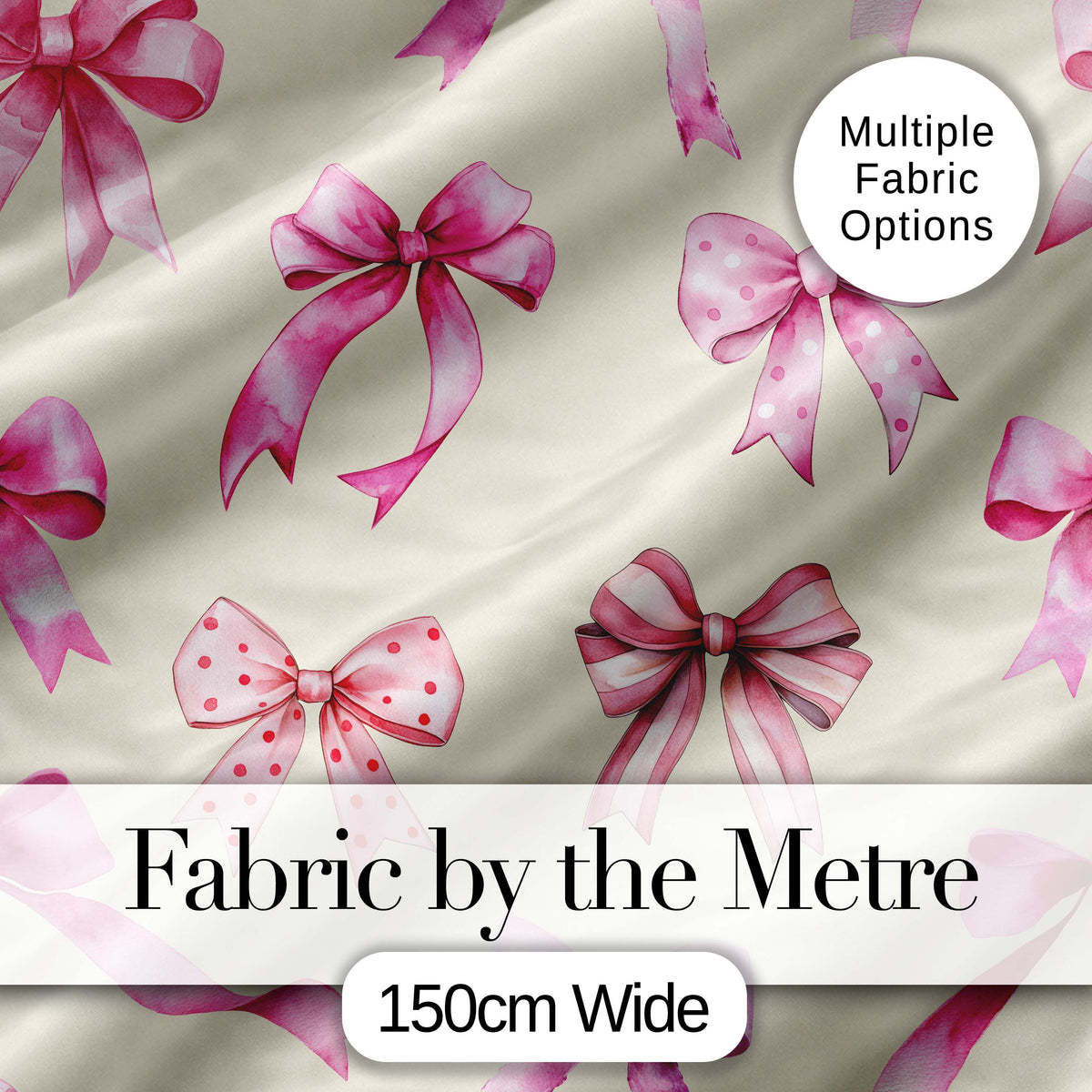 Watercolor Pink Ribbon Bows Neutral Ivory Background Seamless Lovely Digital Print Material by the Metre UK Sewing Quilting Textile
