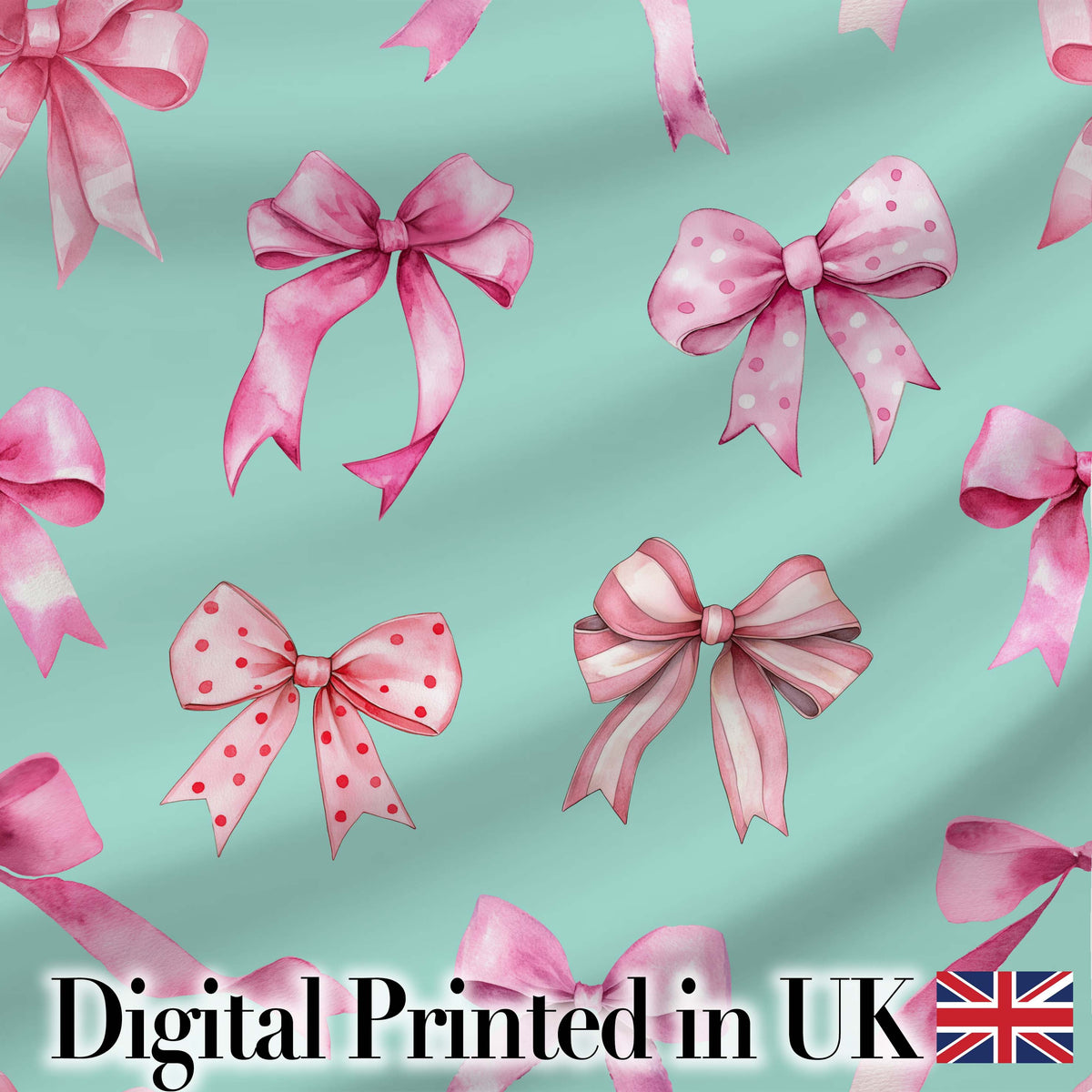 Watercolor Pink Ribbon Bow Seamless Pattern with Blue Stripes Lovely Digital Print Material by the Metre UK Sewing Quilting Textile