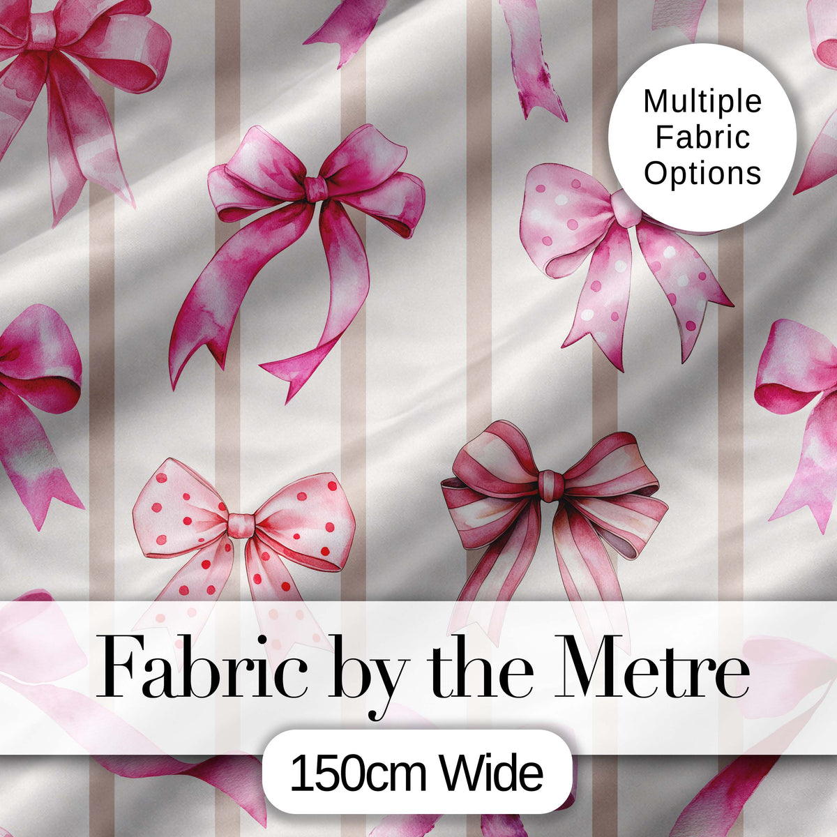 Watercolor Pink Ribbon Bow Seamless Pattern with Blush Pink Stripes Digital Print Material by the Metre UK Sewing Quilting Textile