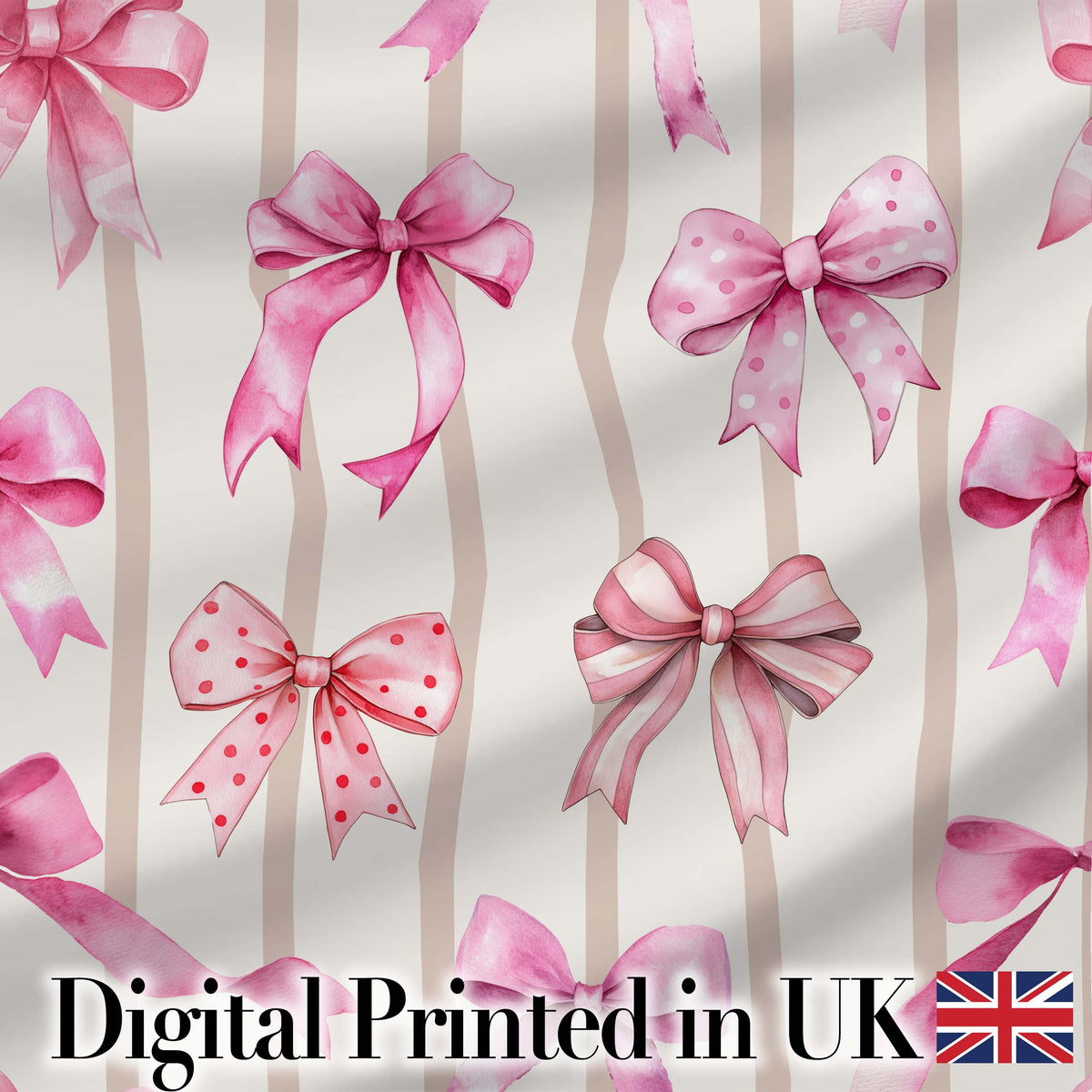 Watercolor Pink Ribbon Bow Seamless Pattern with Blush Pink Stripes Digital Print Material by the Metre UK Sewing Quilting Textile