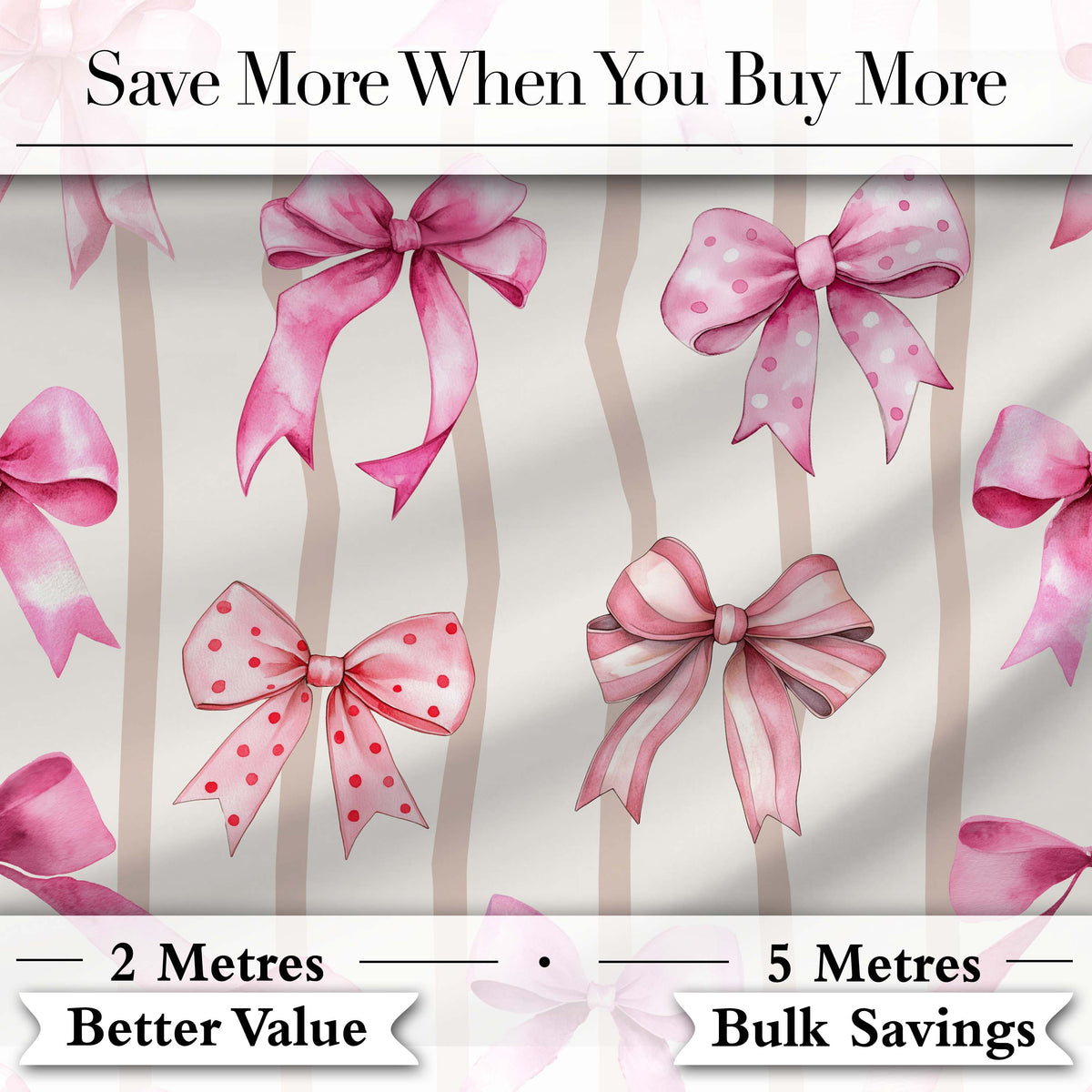 Watercolor Pink Ribbon Bow Seamless Pattern with Blush Pink Stripes Digital Print Material by the Metre UK Sewing Quilting Textile