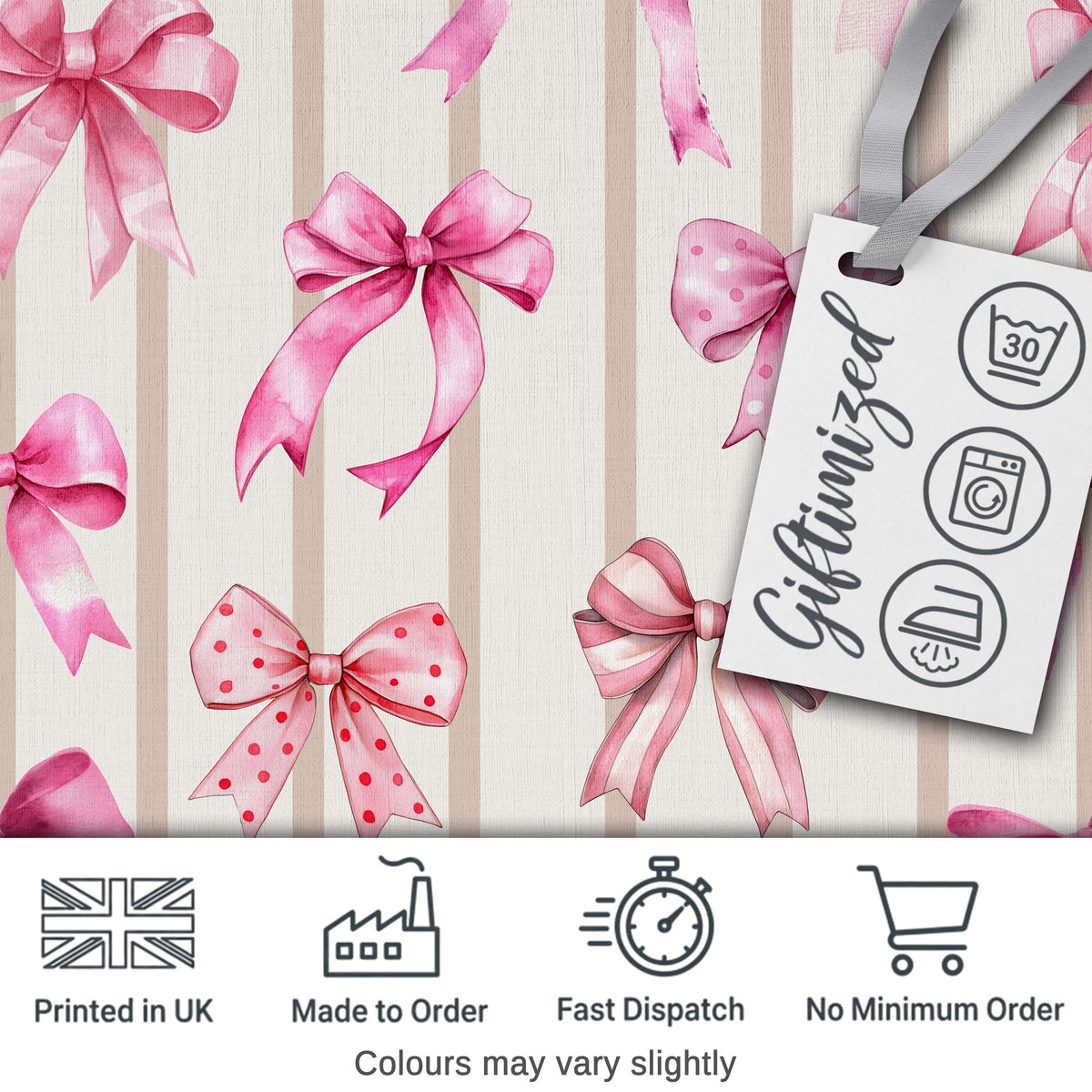 Watercolor Pink Ribbon Bow Seamless Pattern with Blush Pink Stripes Digital Print Material by the Metre UK Sewing Quilting Textile