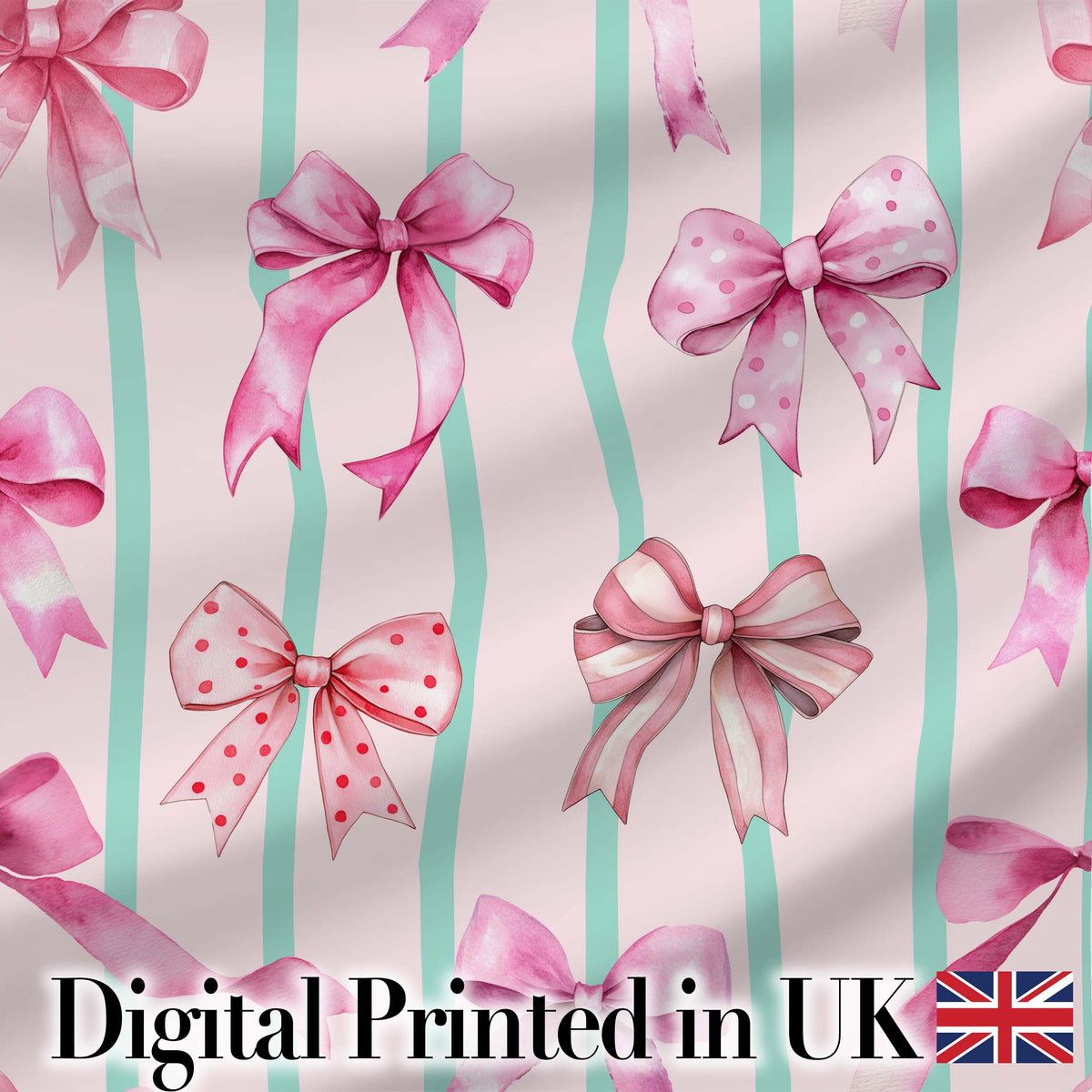 Watercolor Pink Ribbon Bow Seamless Pattern with Soft Blue Stripes Digital Print Material by the Metre UK Sewing Quilting Textile